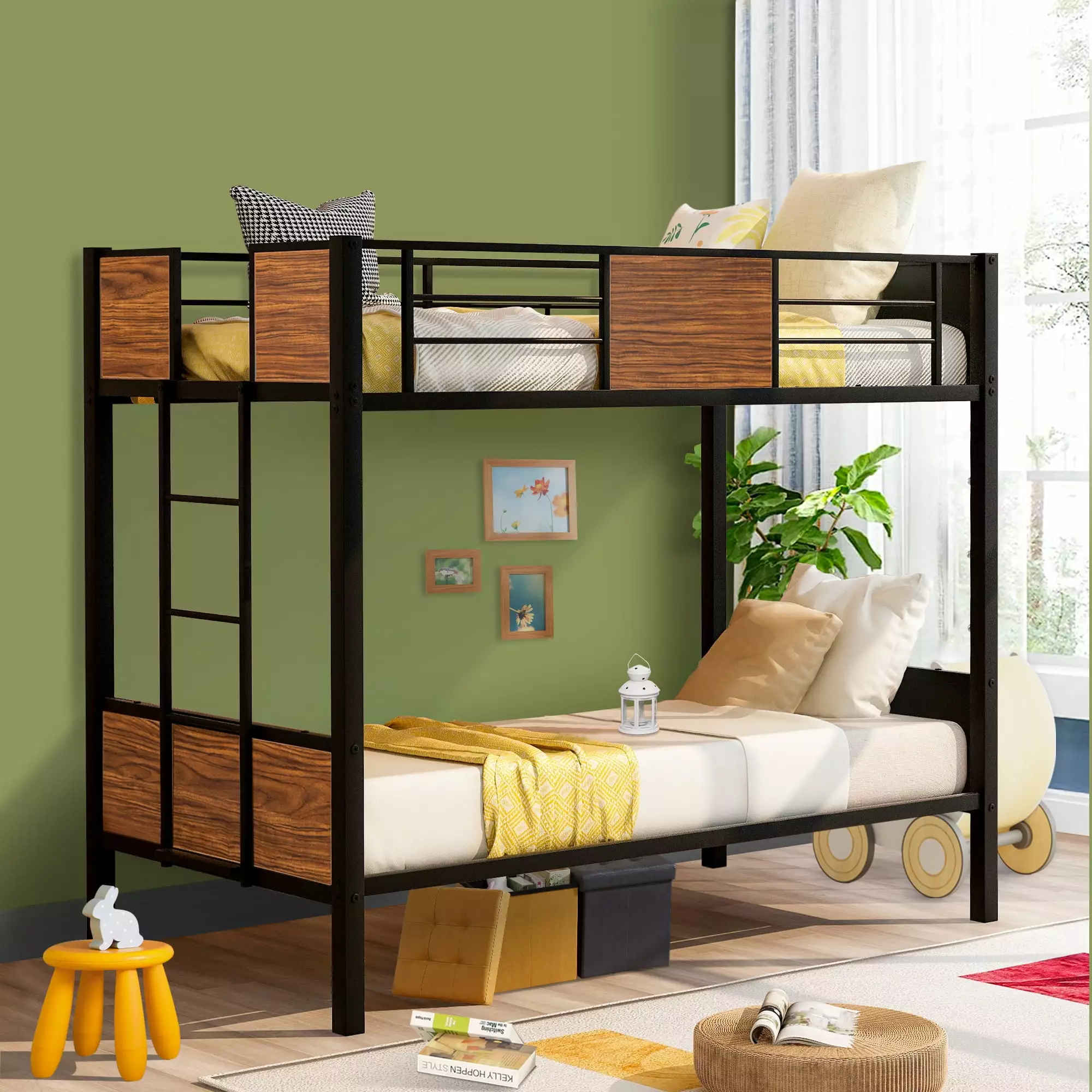 SYNGAR Twin Over Twin Bunk Bed Heavy Metal Bunk Bed 21 Slats and Full-length Guardrail Black