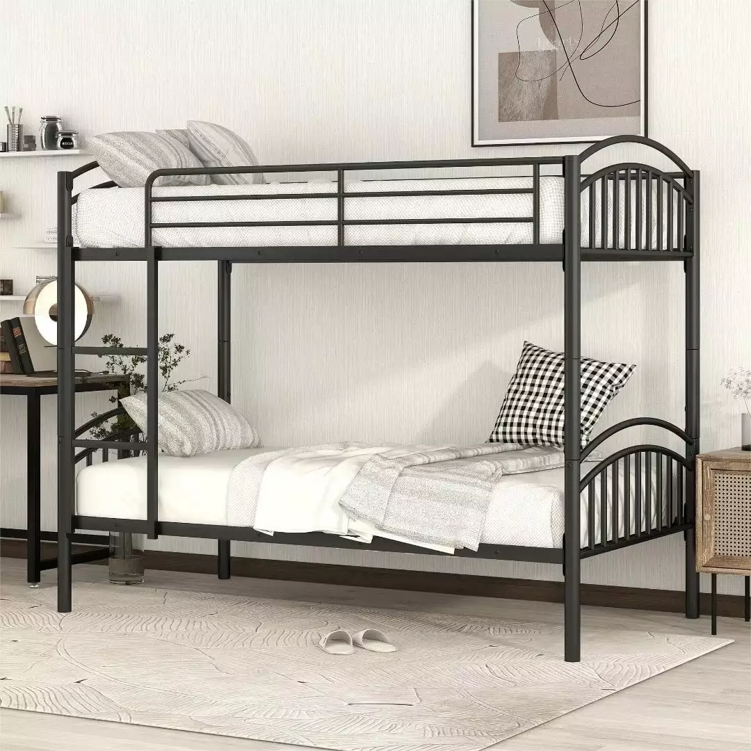 Bunk Bed Twin Over Twin Heavy Duty Metal Bunk Beds Guardrail and Ladders Kids Teens Adults Black Triple Tree