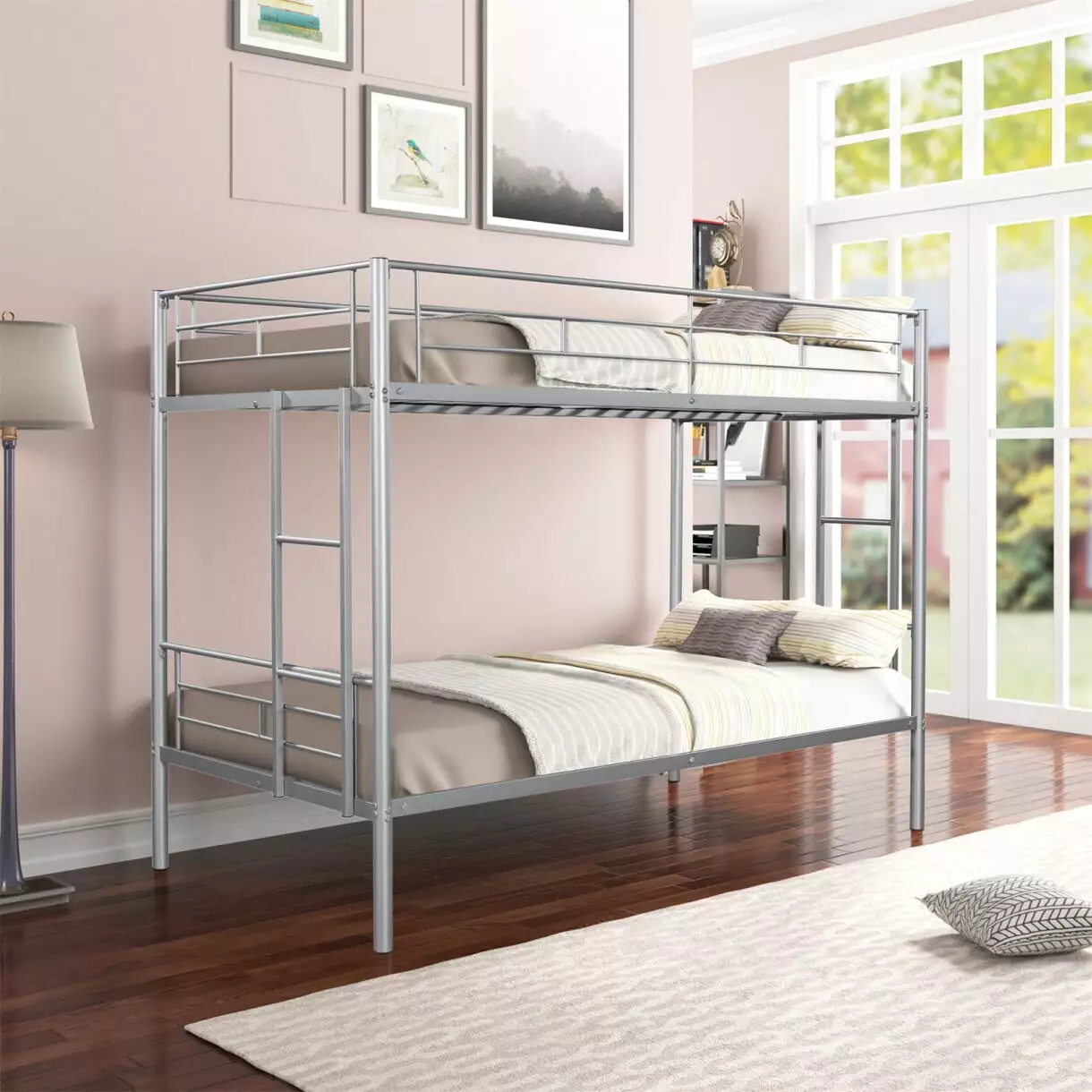 Twin Over Twin Bunk Bed Full-Length Guardrail and Metal Slats Silver Triple Tree