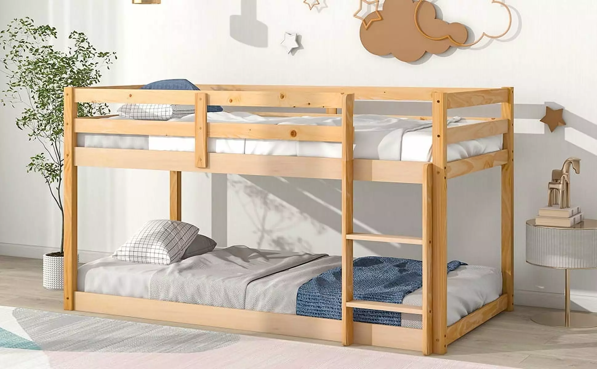 Twin over Twin Floor Bunk Bed Wooden Low Bunk Bed Frame Protectty Guardrails and Ladder No Box Spring Needed Natural Tripl...