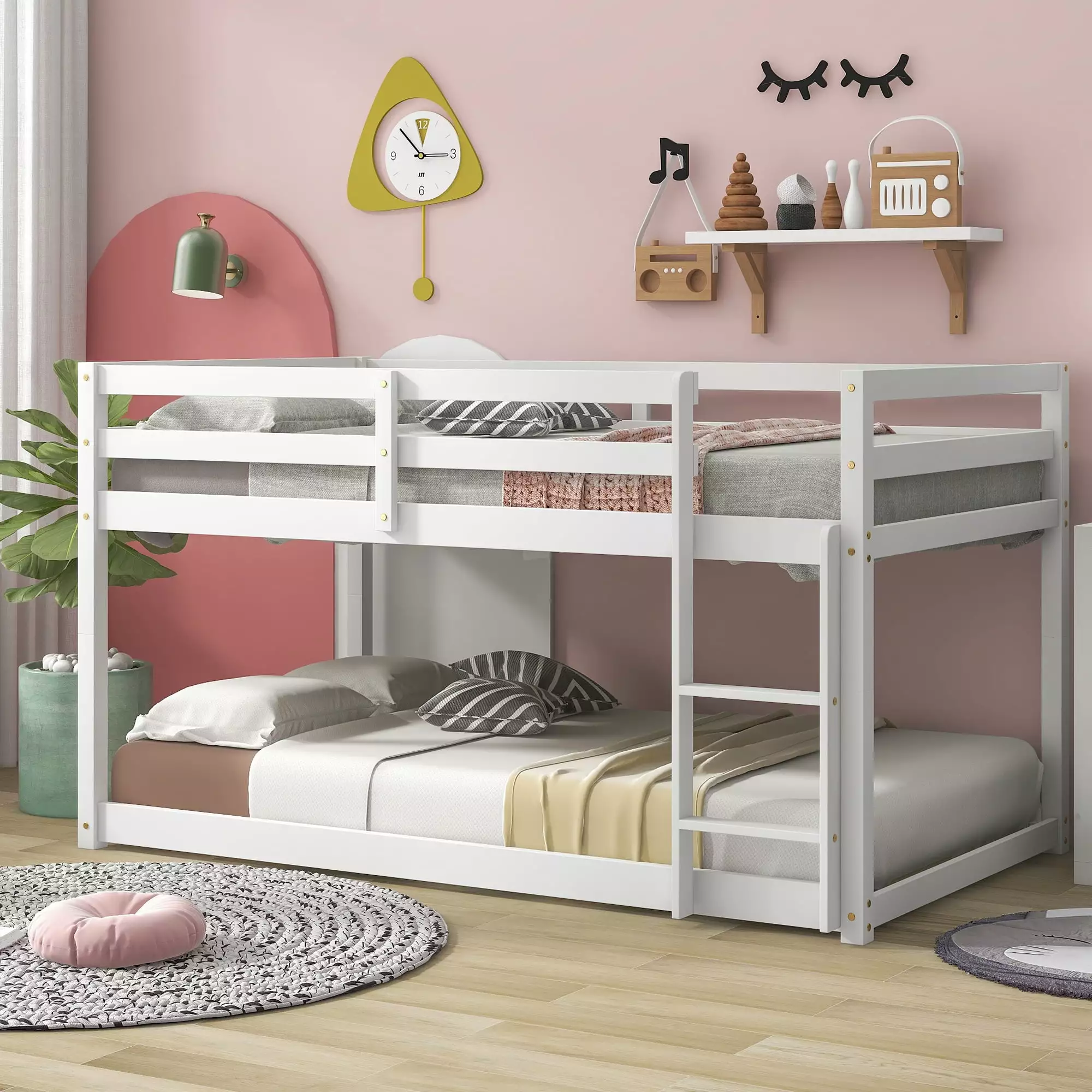 Low Bunk Bed Twin Over Twin Kids Bedroom Wood Bunk Bed Frame Protectty Rail Ladder Heavy Duty uhomepro