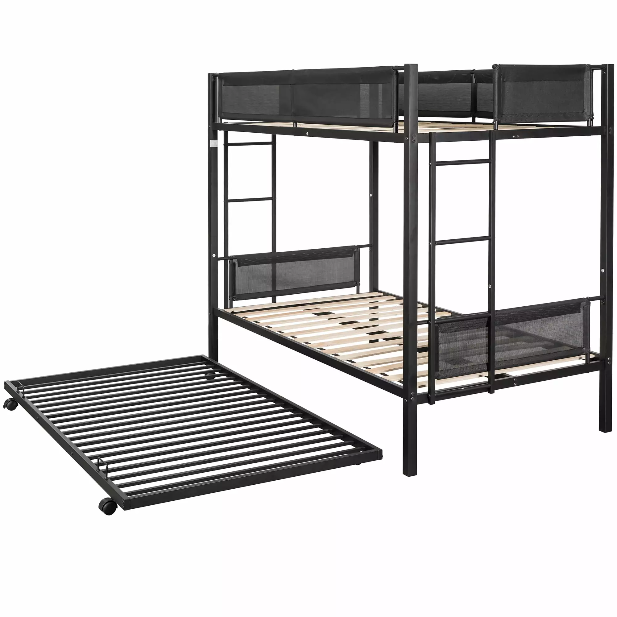 uhomepro Metal Twin Over Twin Bunk Bed Trundle Fabric Guard Rails Black