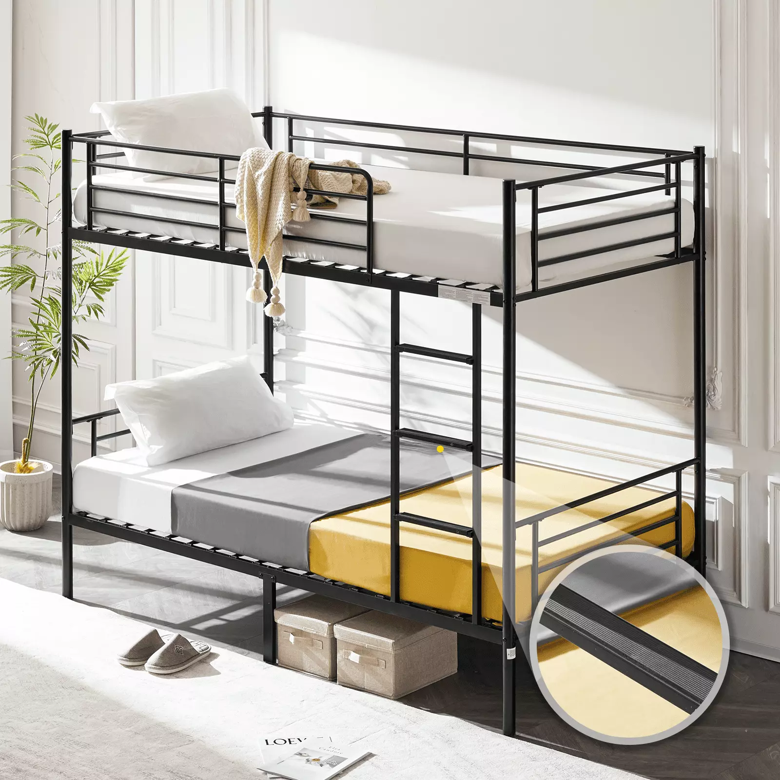 VINGLI Metal Bunk Bed Twin Over Twin Flat Ladder - Black Sturdy Bunk Beds Kids Teens Adults