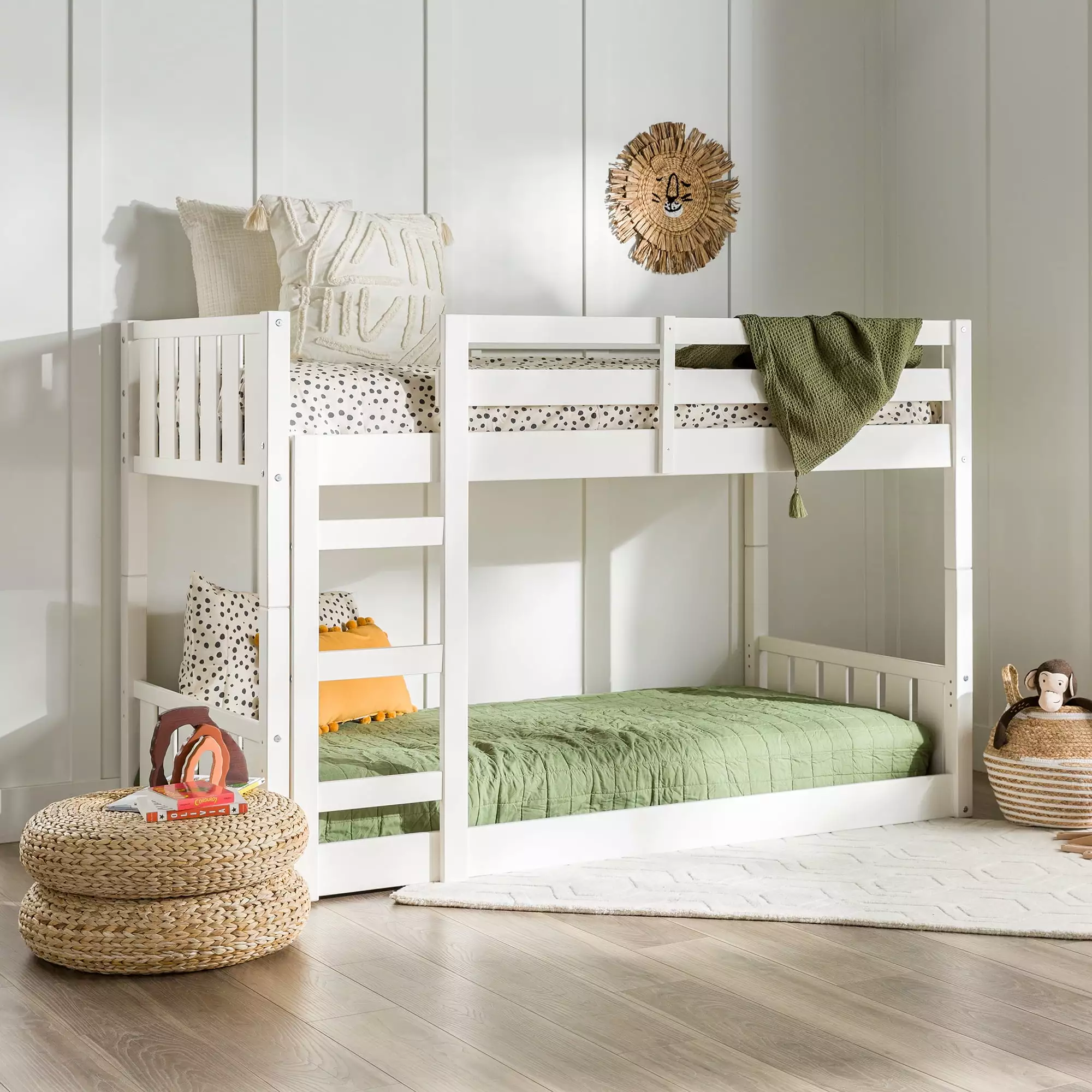 Walker Edison Traditional Slatted Twin Over Twin Bunk Bed White