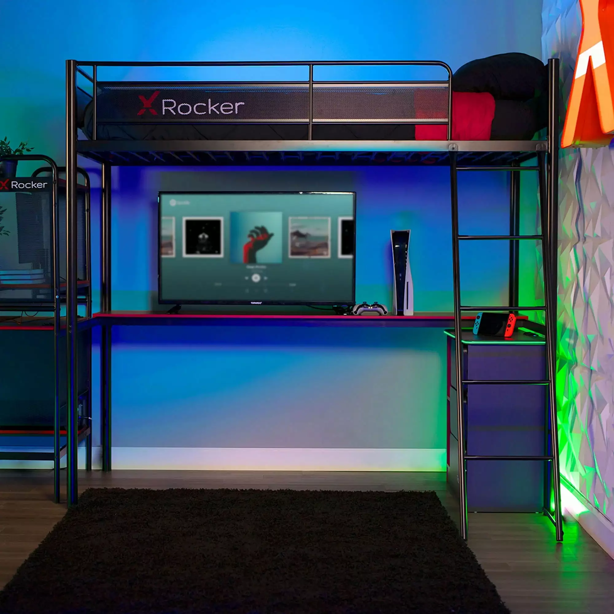 X Rocker HQ Gaming Bunk Bed Built- Shelving - Twin Size Black Bunk Bed Gamers