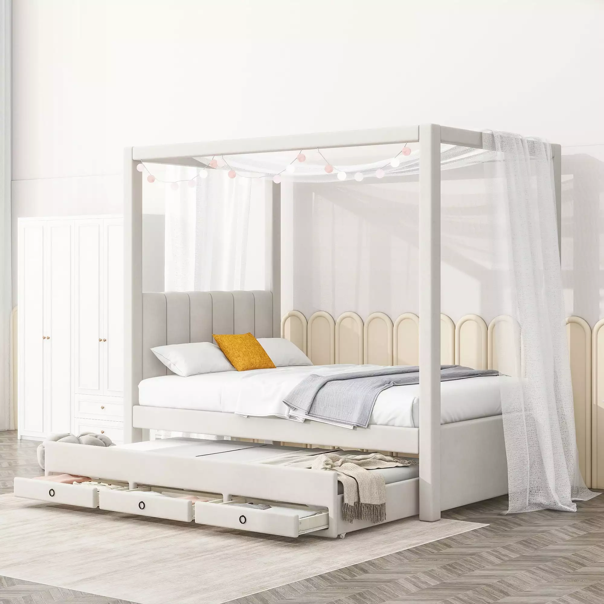 EUROCO Upholstered Twin Size Canopy Bed Frame Trundle Bed and 3 Drawers Beige
