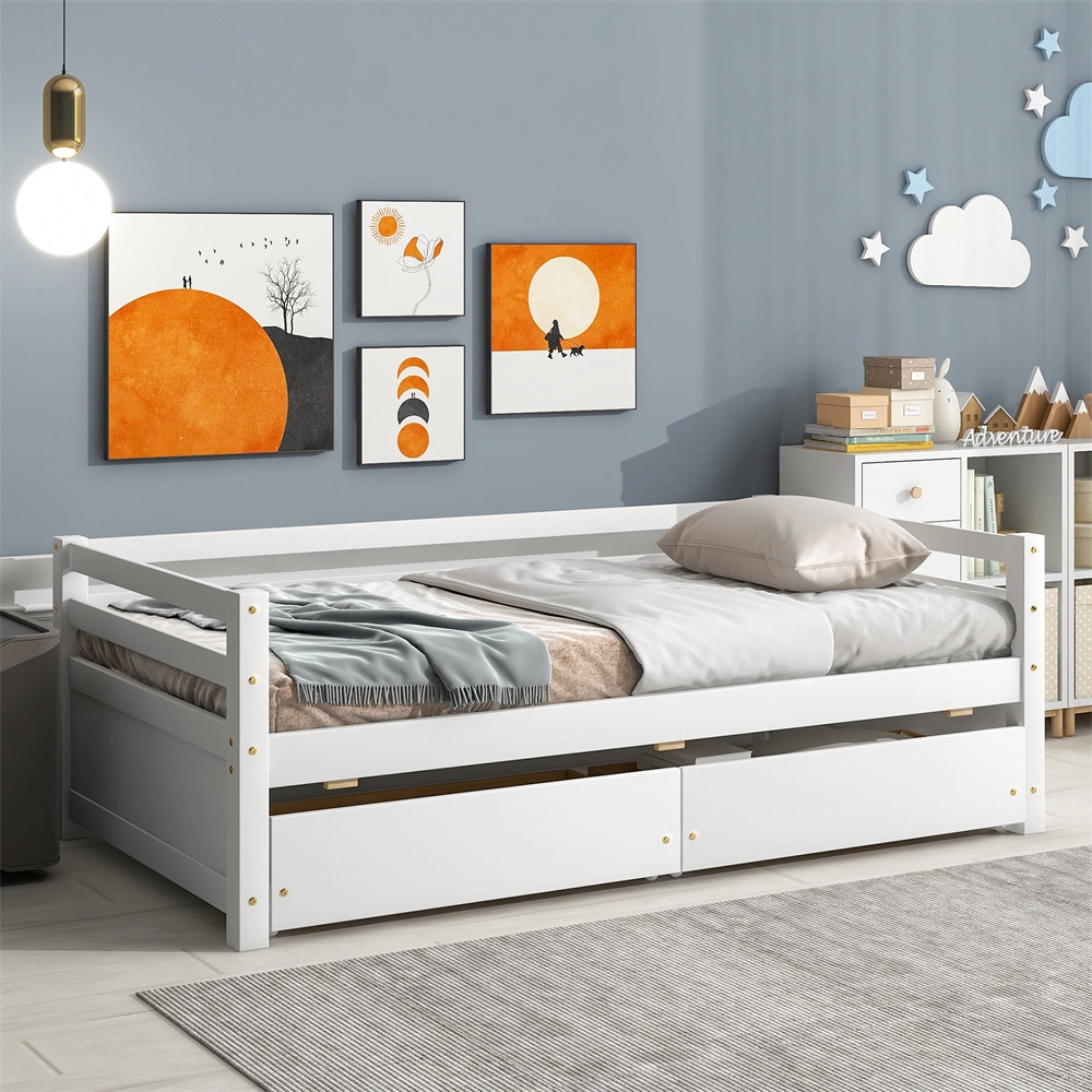 Twin Size Daybed 2 Storage Drawers Solid Wood Frame Backrest Armrest Platform Bed Sofa Bed No Box Spring Needed White ARCT...
