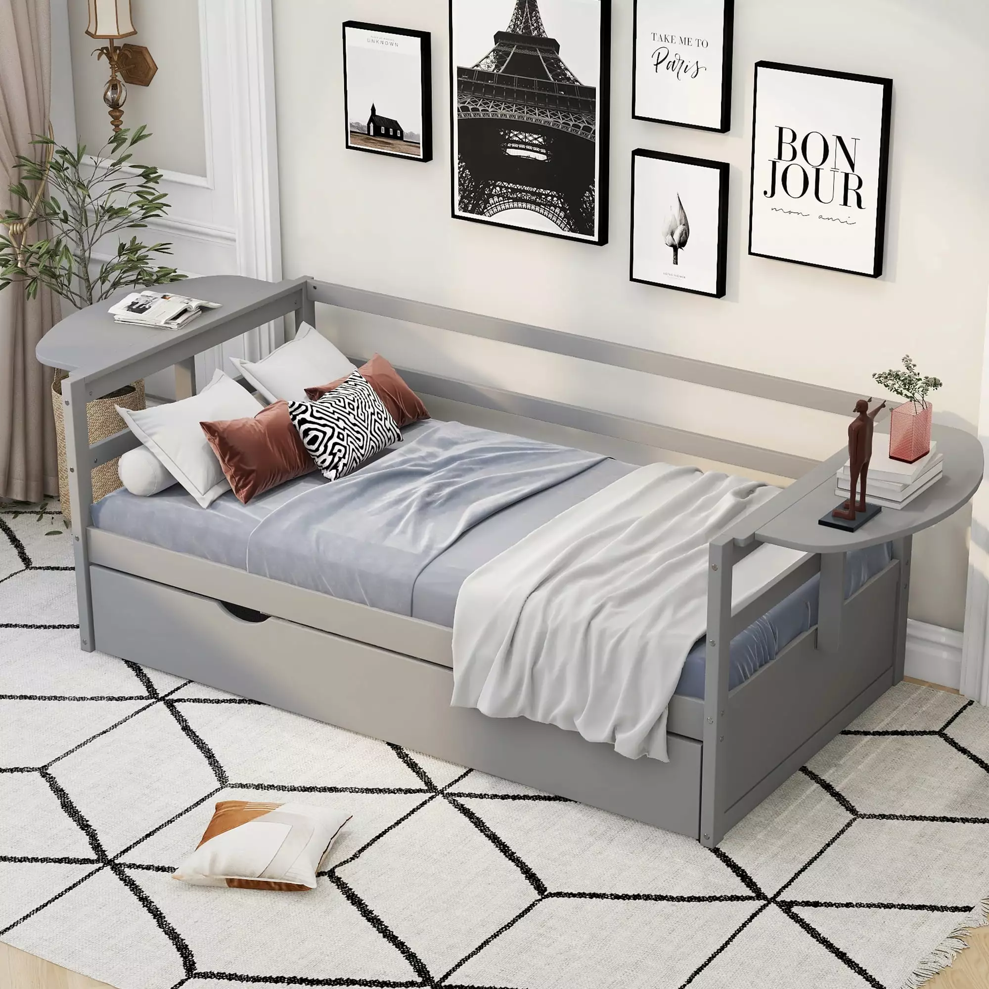 Euroco Pine Wood Twin Size Daybed Trundle and Foldable Tables - Gray - Space-Saving Bed Kids or Guests eurooc