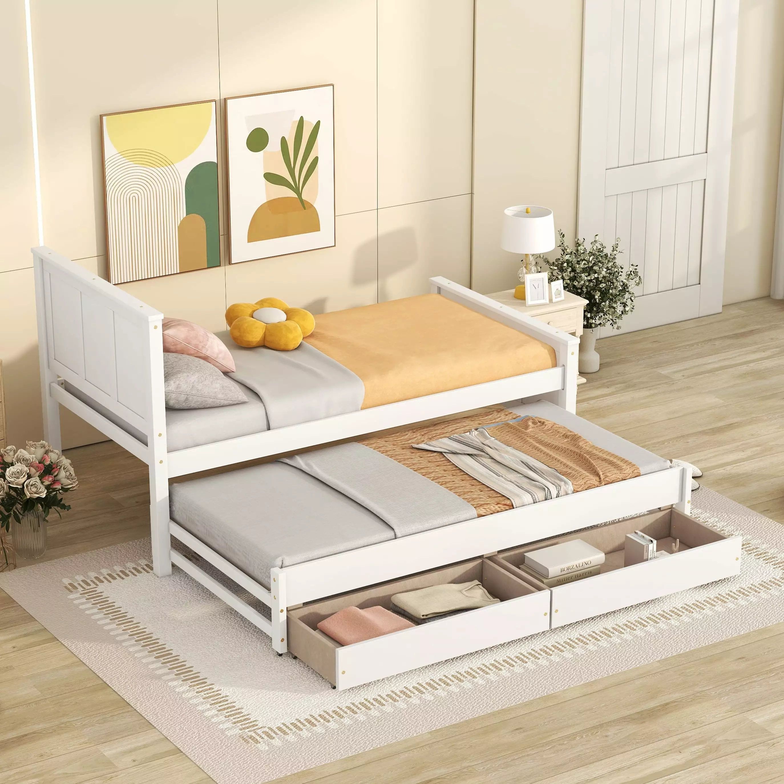 uhomepro Daybed Trundle and Storage Drawers Solid Pine Wood Twin Daybed and Trundle Frame Twin Size Sofa Bed Living Room N...