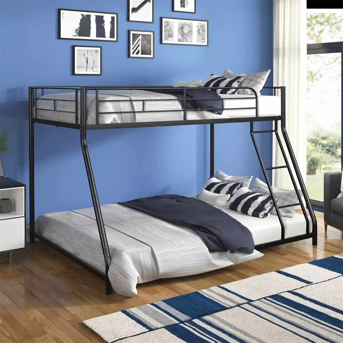 Twin Over Full Bunk Bed Metal Frame Ladder Guardrails Space Saving Black ARCTICSCORPION