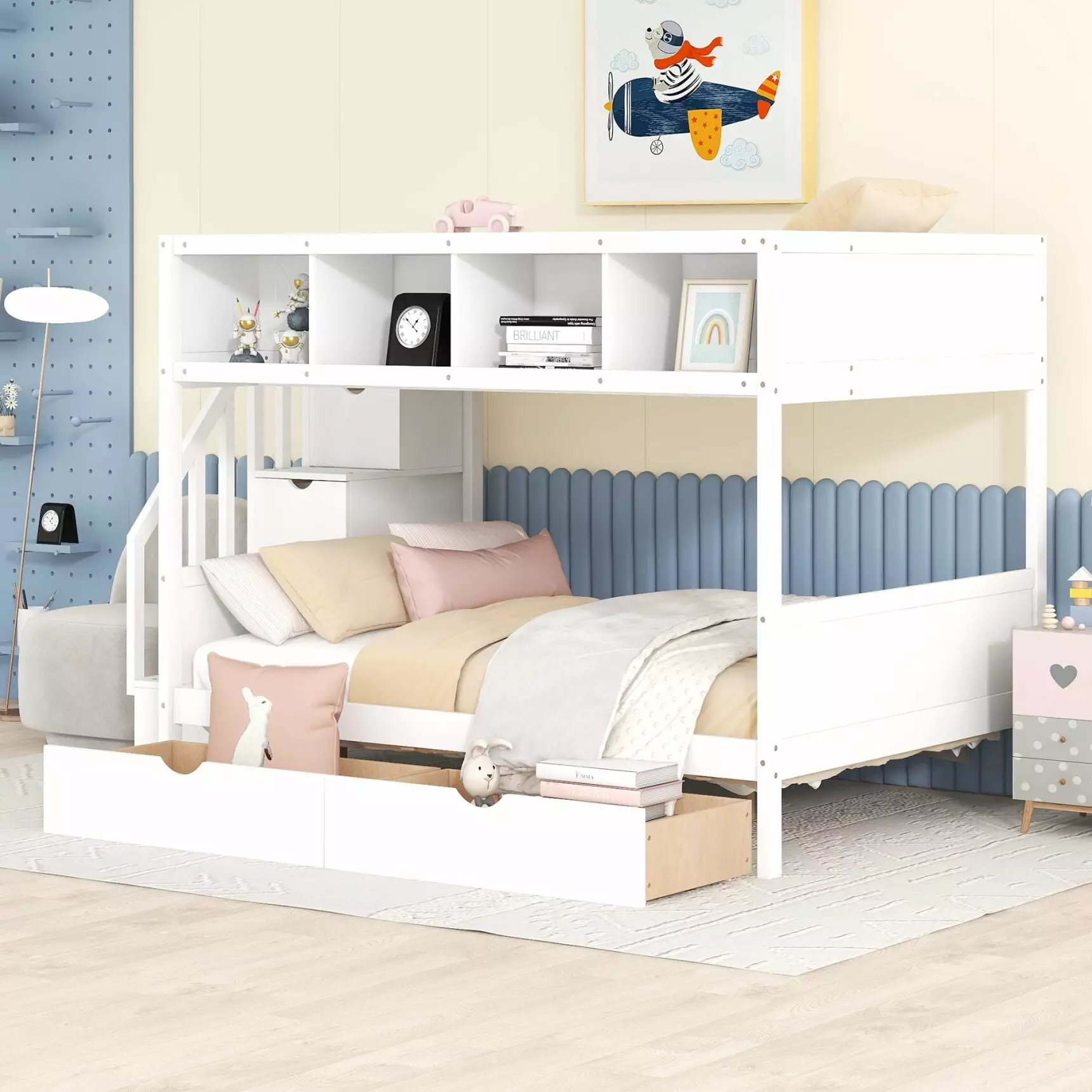 Twin Over Full Bunk Bed Stairs Storage Drawers Wood Bunk Bed Frame 2 Drawers Shelves Storage Staircase Bookcase White ARCT...