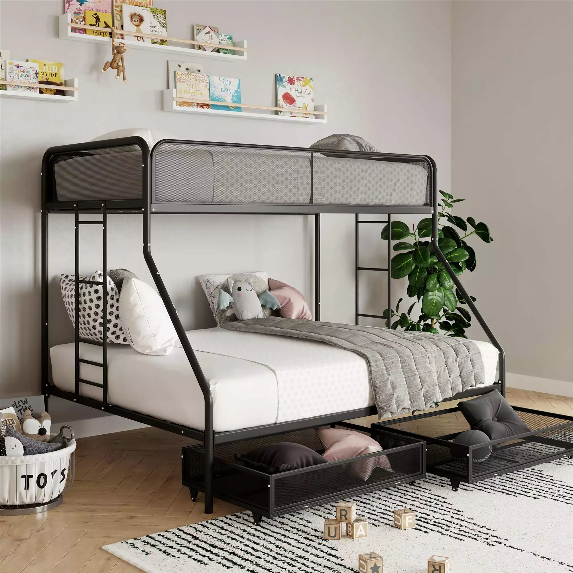 DHP Jaxon Twin Full Bunk Bed Storage Drawers Black Metal
