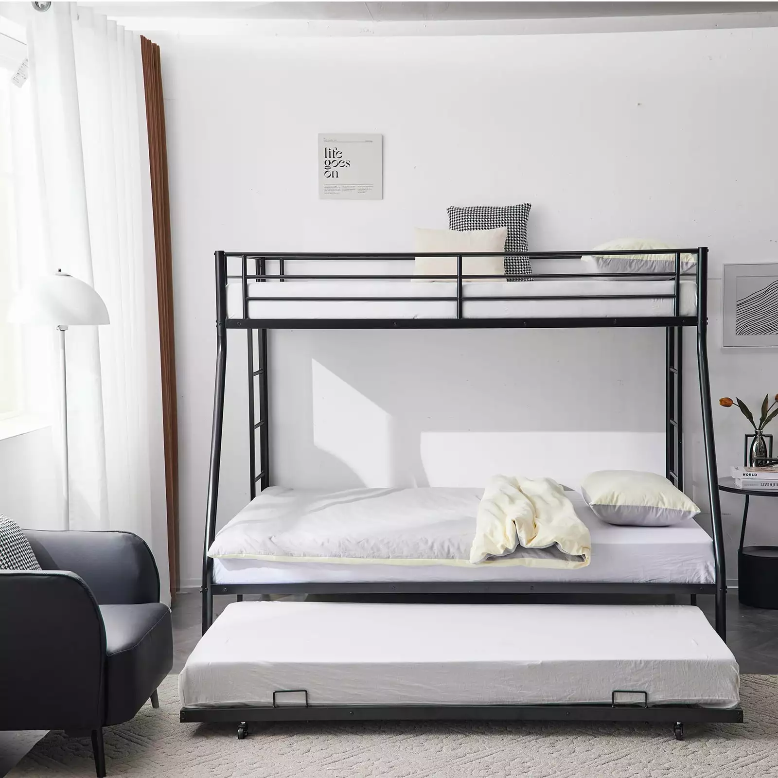 Zimtown Twin over Full Bunk Bed Trundle and Protectty Rail Black