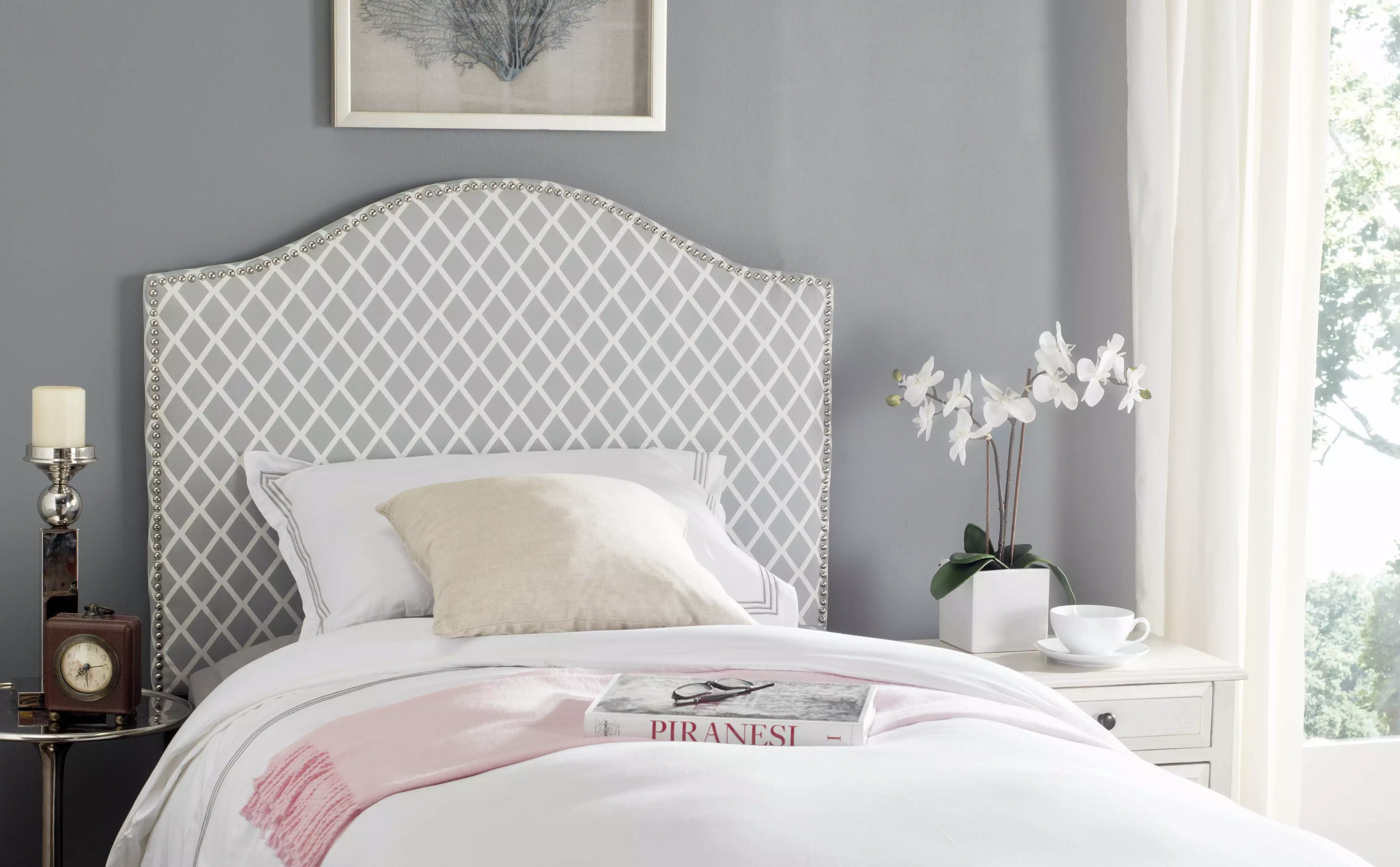 SAFAVIEH Connie Timeless Upholstered Headboard Nail Heads Twin Grey White Trellis No Box Spring Needed
