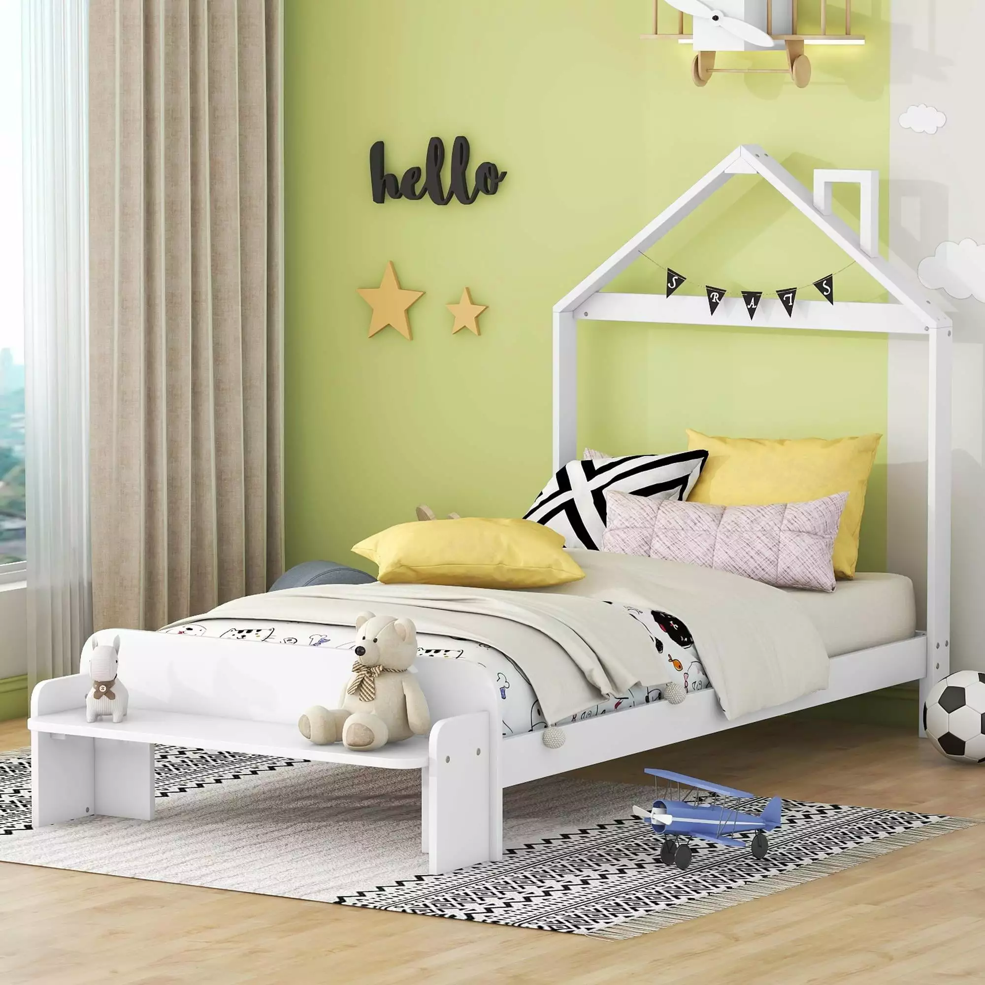 UBesGoo Twin Size Platform Bed Kids Headboard Footboard Children Boys Girls Teens White