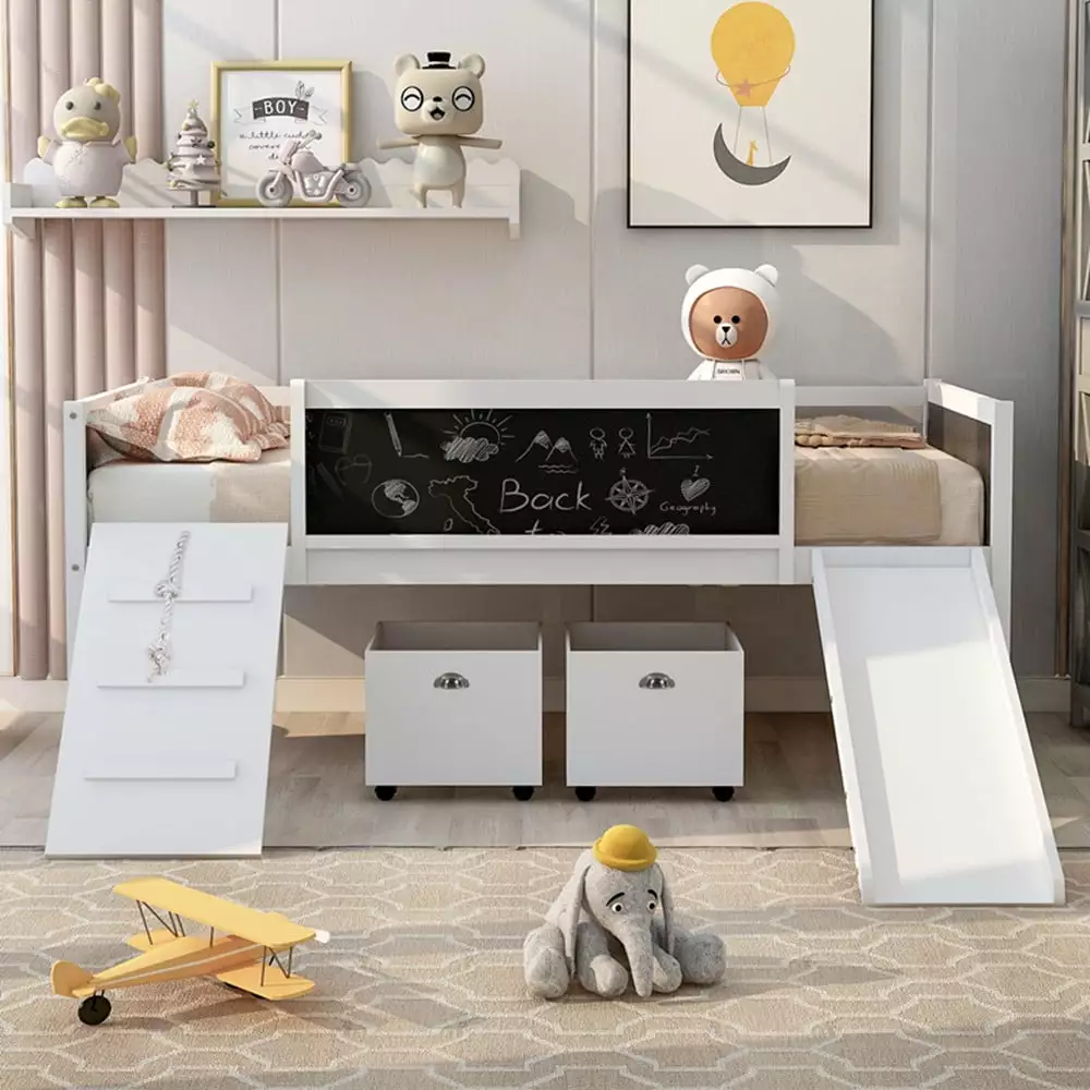 Loft Bed Slide and Climbing Frame Twin Size Solid Wood Low Loft Bed Two Storage Boxes Chalkboard Multifunctional Boys Girl...