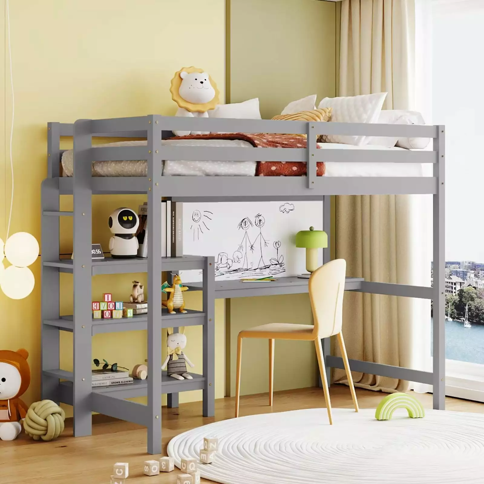 Twin Size Loft Bed Wooden Frame Desk Writing Board and 3-Tier Bookcase Full Length Guardrail Gray ARCTICSCORPION