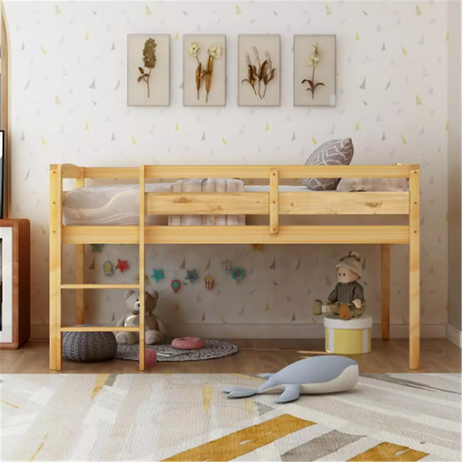 Twin Size Low Loft Bed Frame Built- Ladder Guardrail Wood Loft Bed Under Bed Space Natural Color ARCTICSCORPION