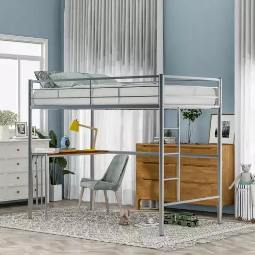 Twin Size Metal Loft Bed Built- Ladder Desk and Full Length Guardrails Kids Teens Adults Silver ARCTICSCORPION