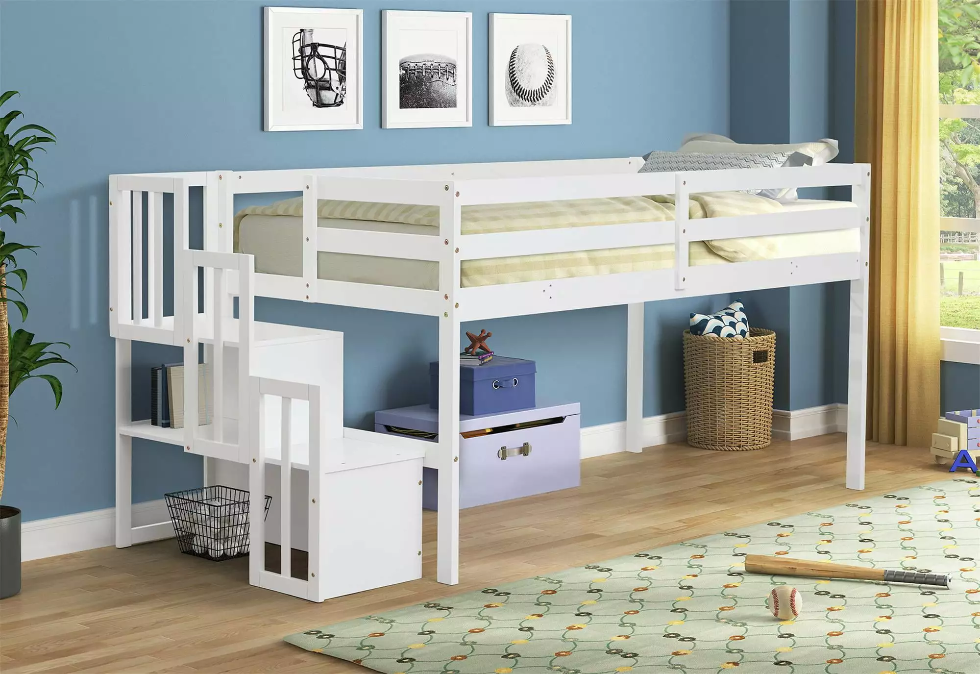 White Kids Loft Bed Stair Case Wood Floor Twin Over Twin Storage Bed Ladder and Full-Length Guardrails ARCTICSCORPION