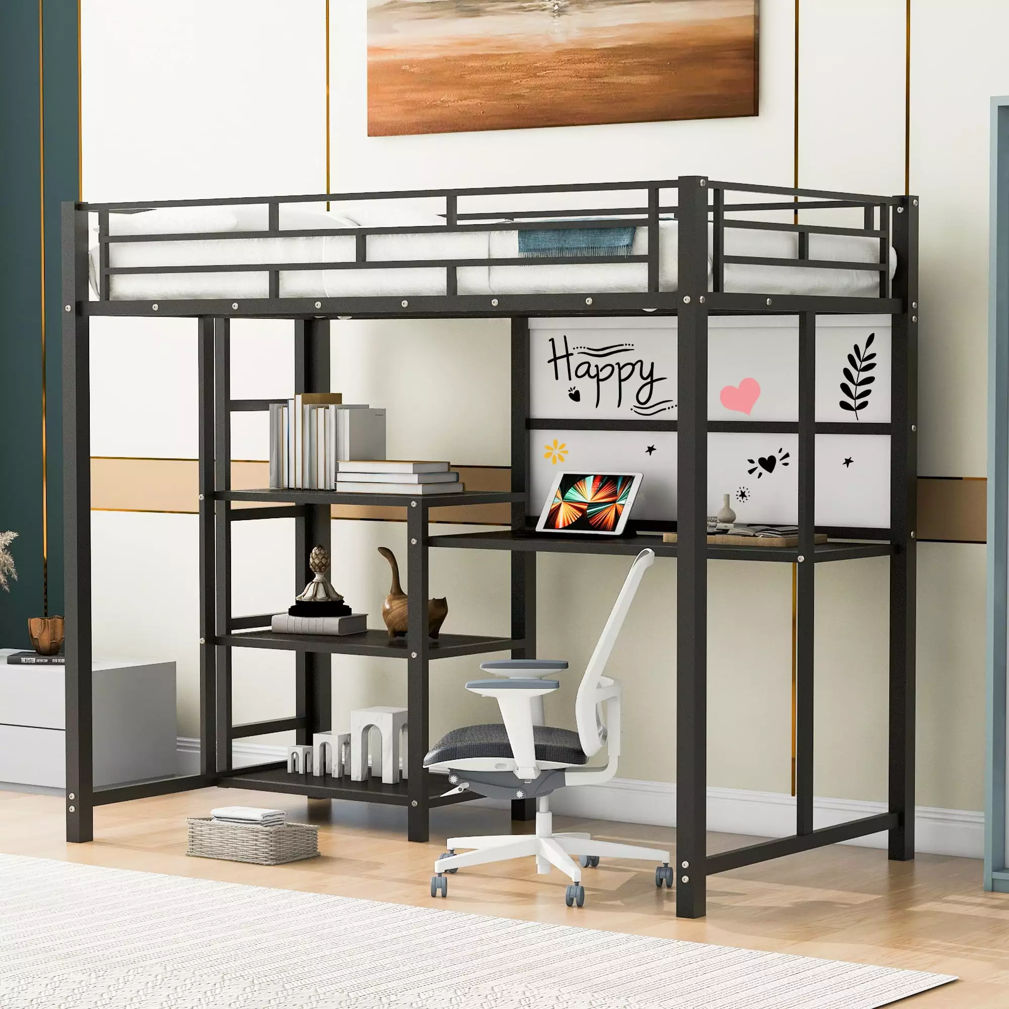 Bellemave Twin Metal Loft Bed Built- Desk Whiteboard and Storage Shelves Metal Bed Frame Twin Size Metal Loft Bed Guardrai...