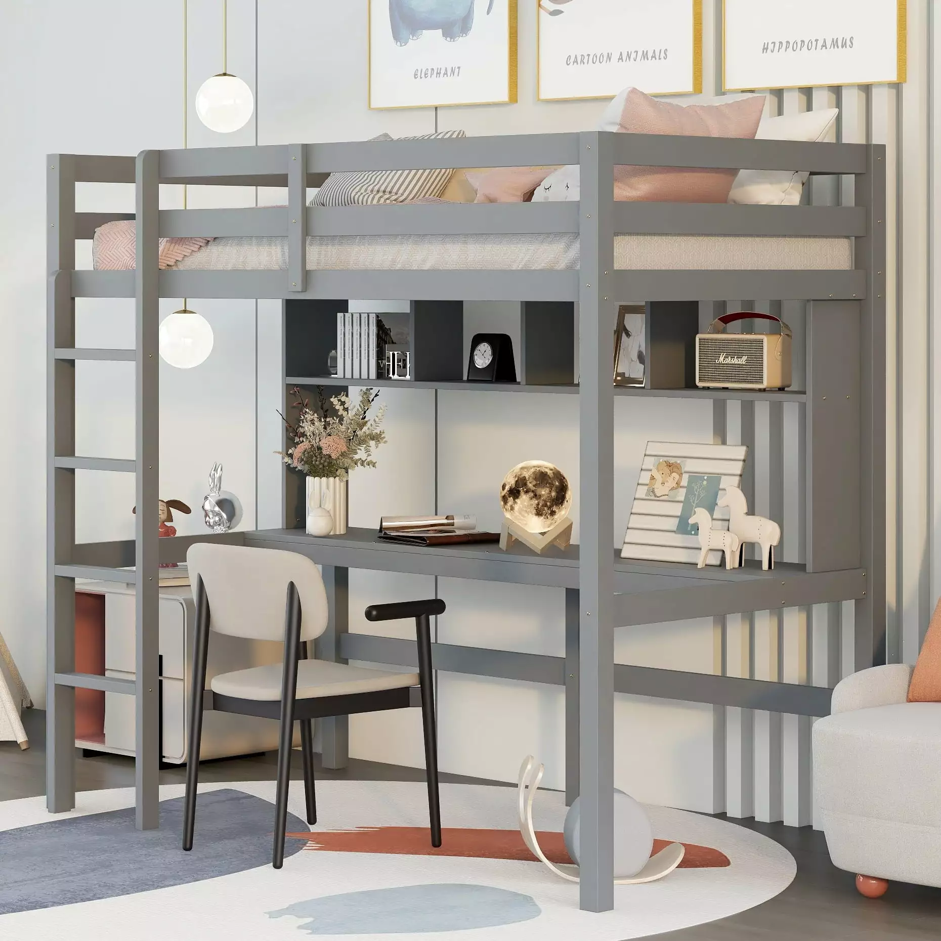 Bellemave Twin Size Loft Bed Desk Solid Wood Loft Bed Frame Shelves Loft Bed Built Ladder Gray