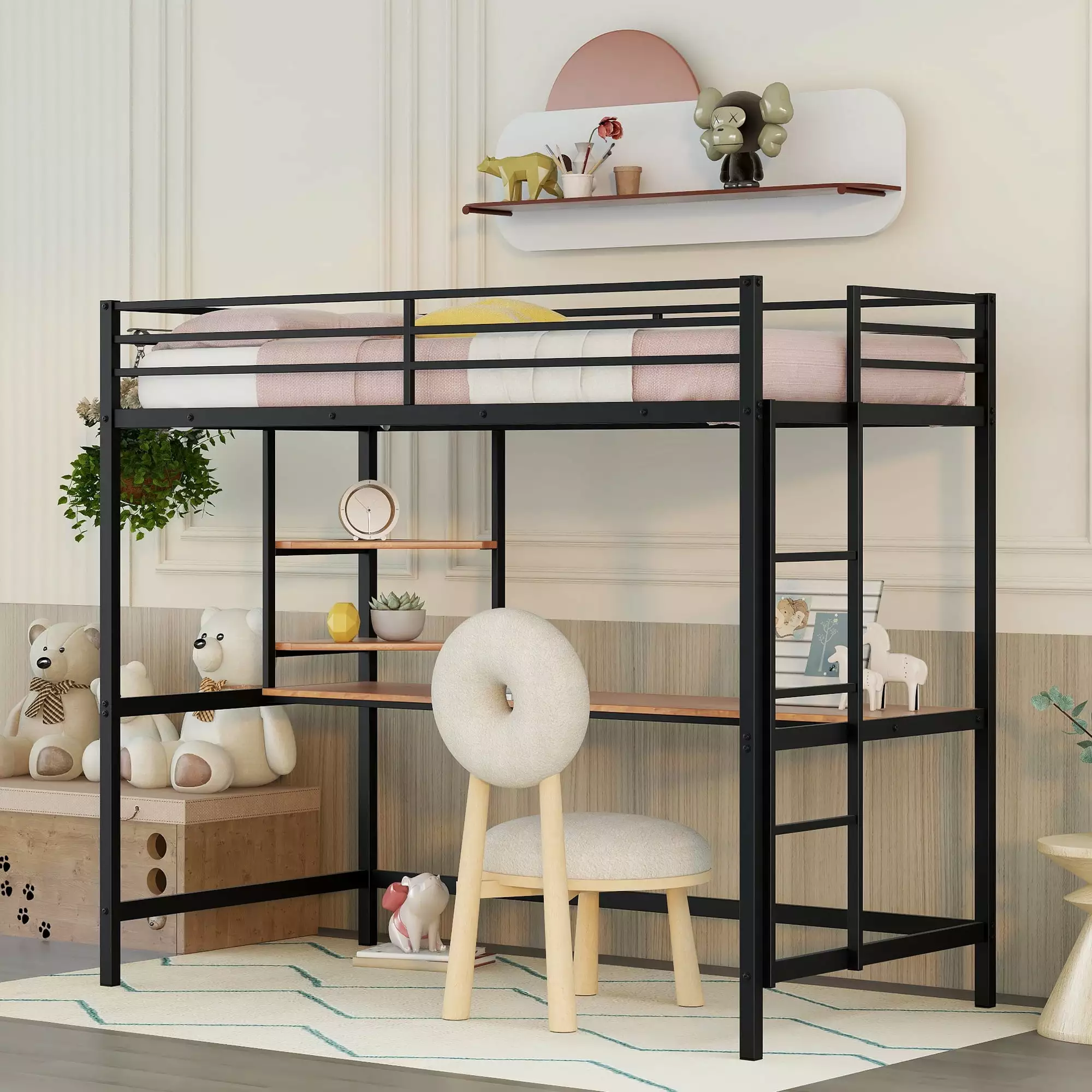 Churanty Metal Loft Bed Twin Size Desk Storage Shelves Guardrails and Ladders Teens Adults