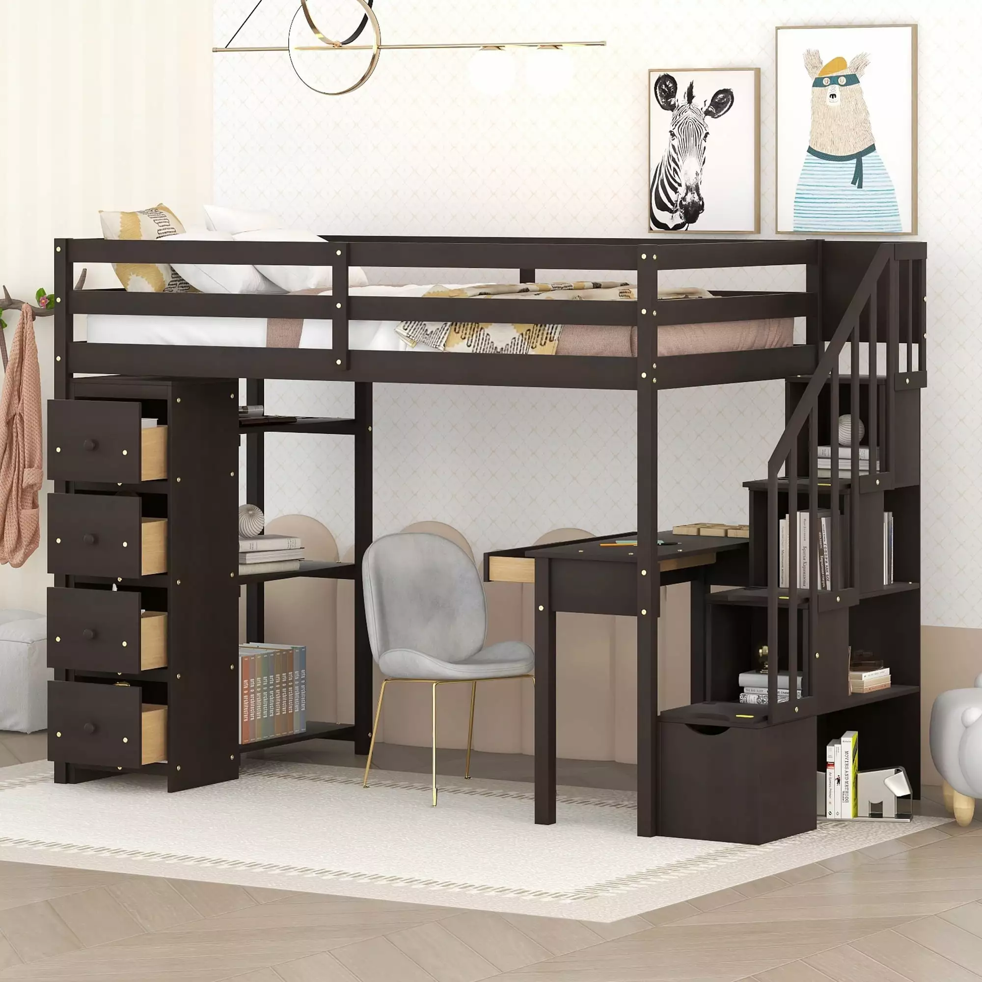 Churanty Twin Size Loft Bed Desk and Stairs - Wooden High Loft Bed Drawers and Shelves Espresso