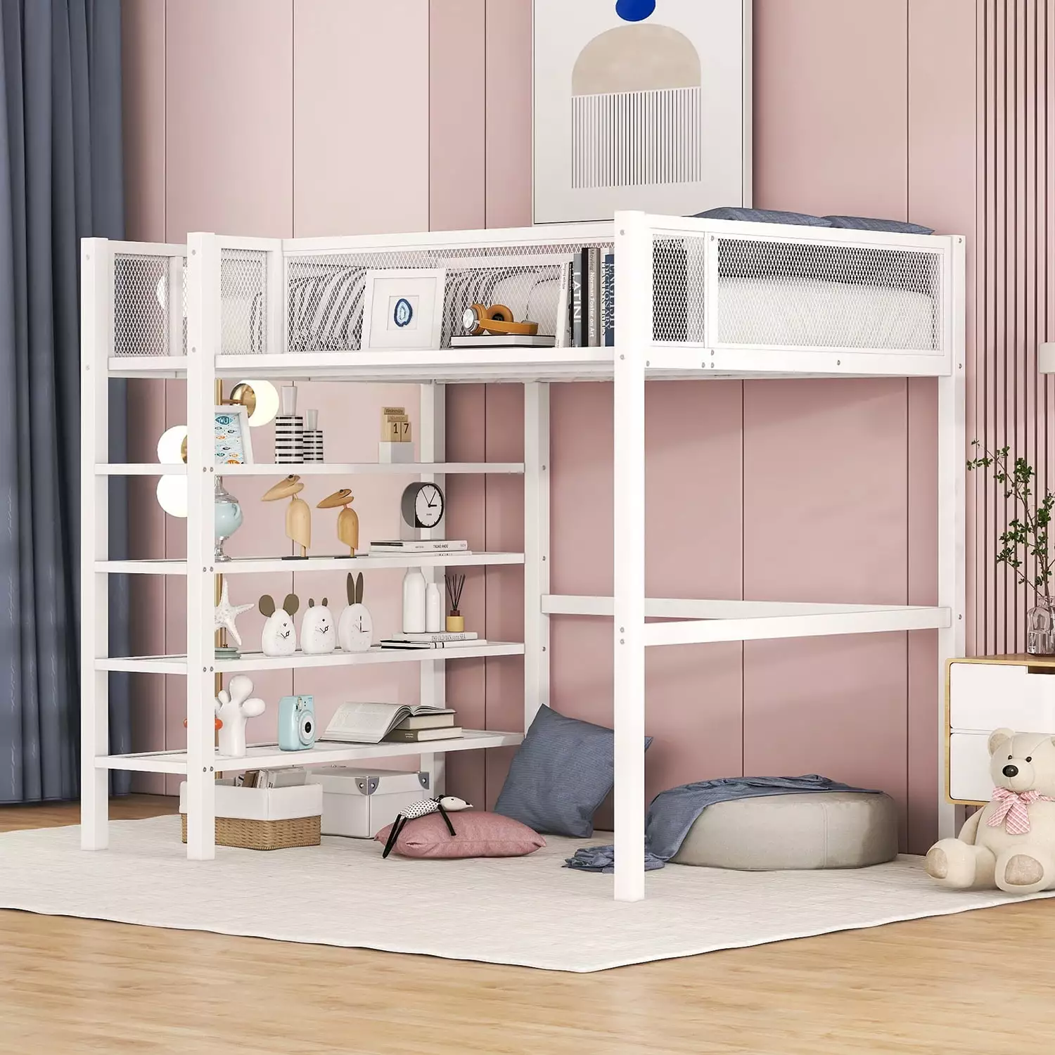 Churanty Twin Size Metal Loft Bed 4-Tier Storage Shelves and Side Shelf Upper Bed Full Length Guardrail Grid Design White