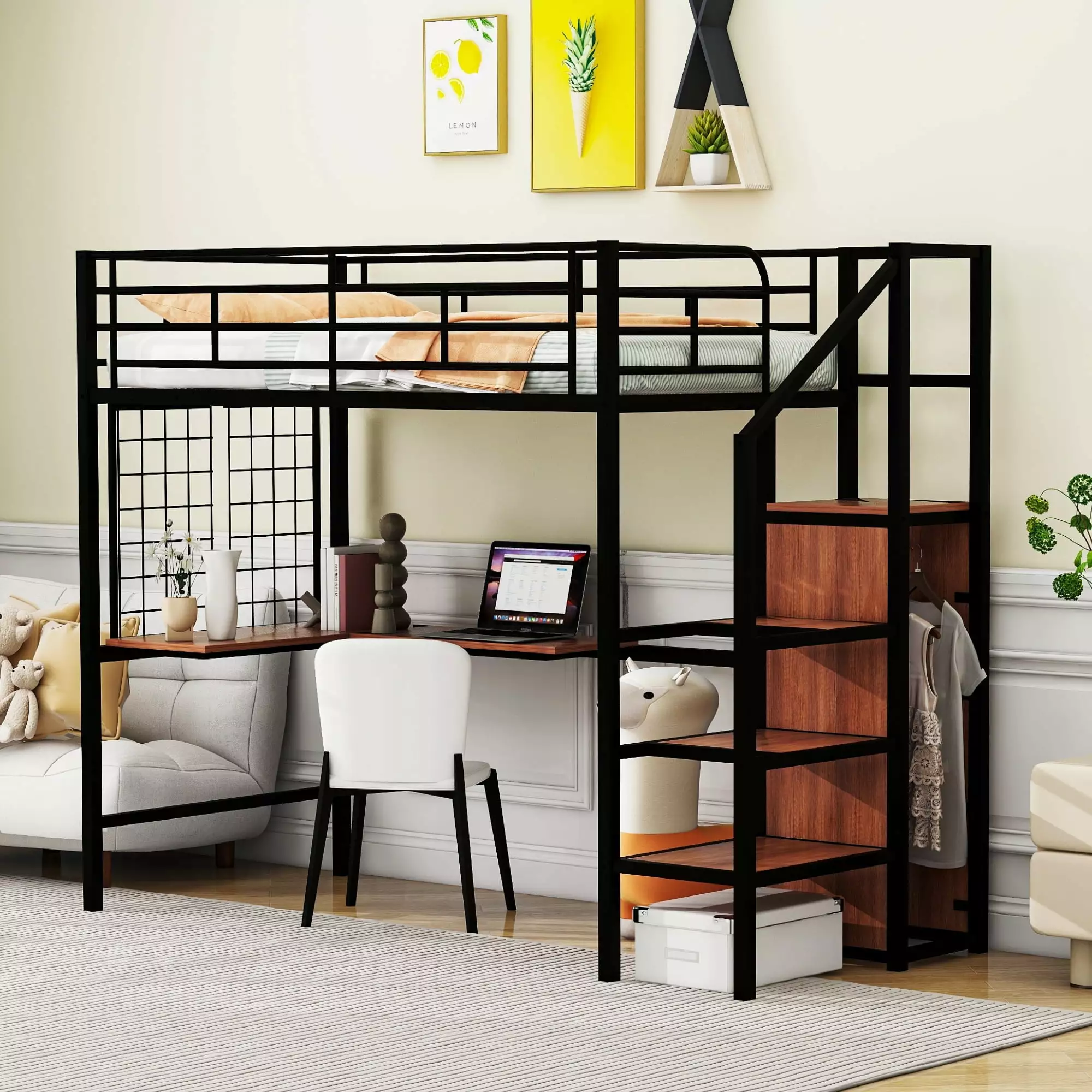 DreamBuck Twin Size Loft Bed Desk and Metal Grid Metal Loft Bed Storage Stairs Wardrobe Space Saving Loft Bed Desk Underne...