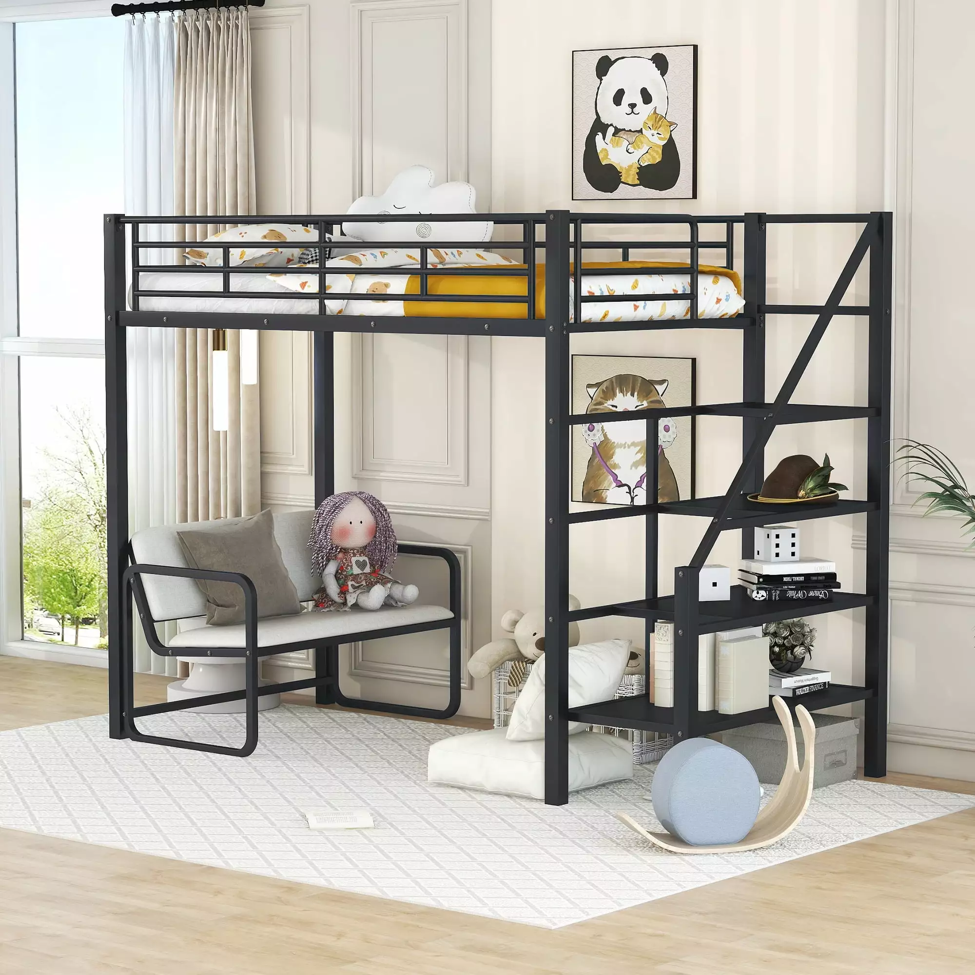 Euroco Metal Twin Loft Bed Bench and Shelf Kids Teens Adults Black Cushion Included