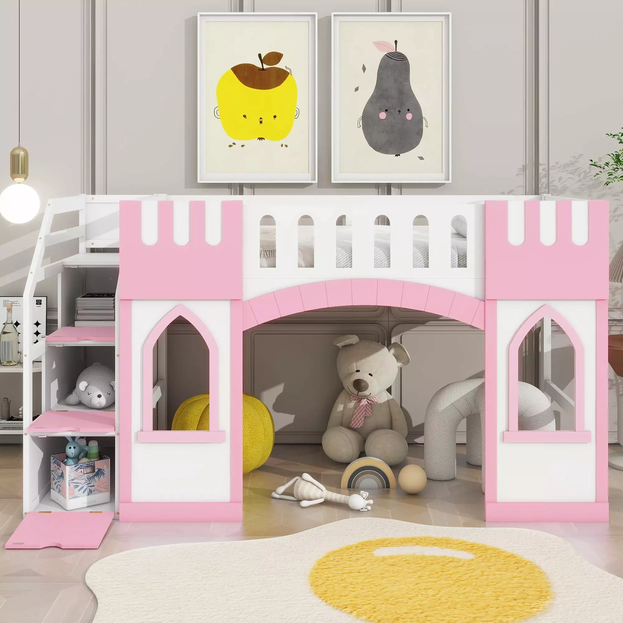 Euroco Pink Twin Size Loft Bed Frame Storage Staircase Kids Teens Adults