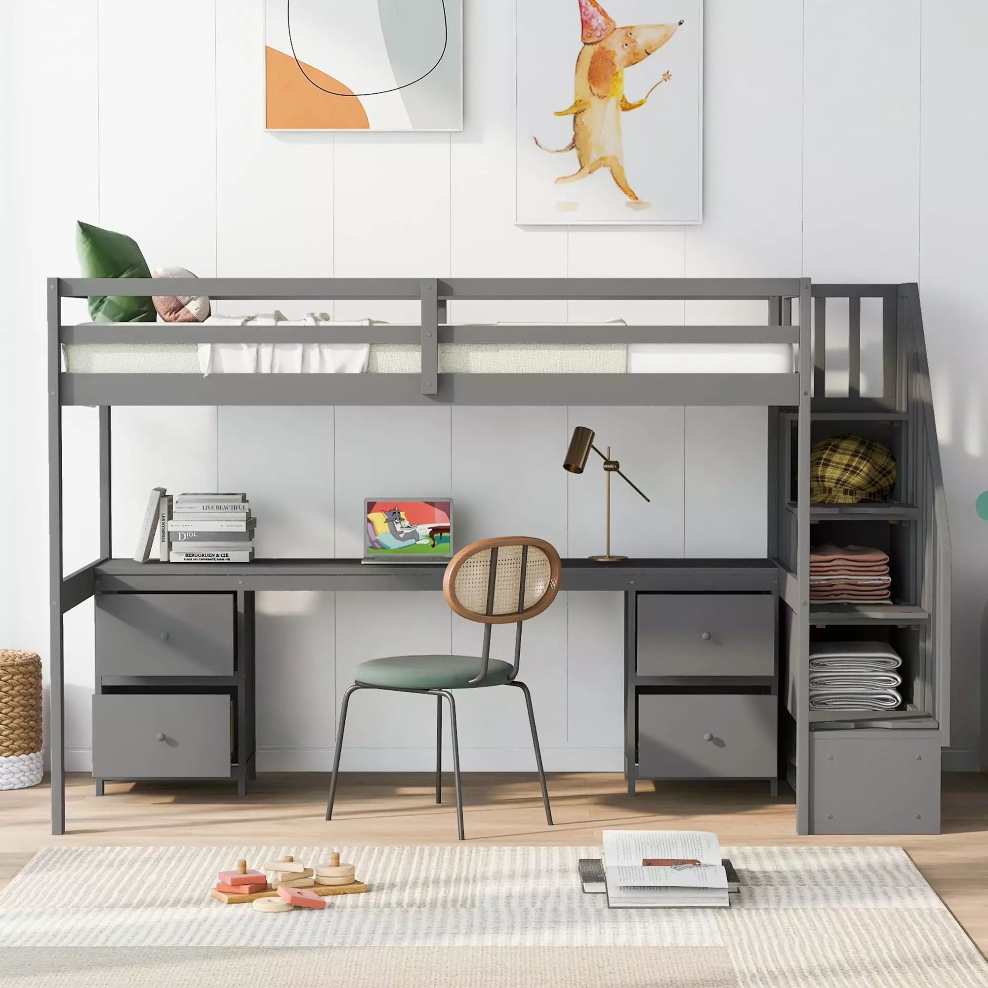 EUROCO Twin Loft Bed Desk and Drawers - Moveable Staircase Loft Bed Frame Kids Teens Adults Gray