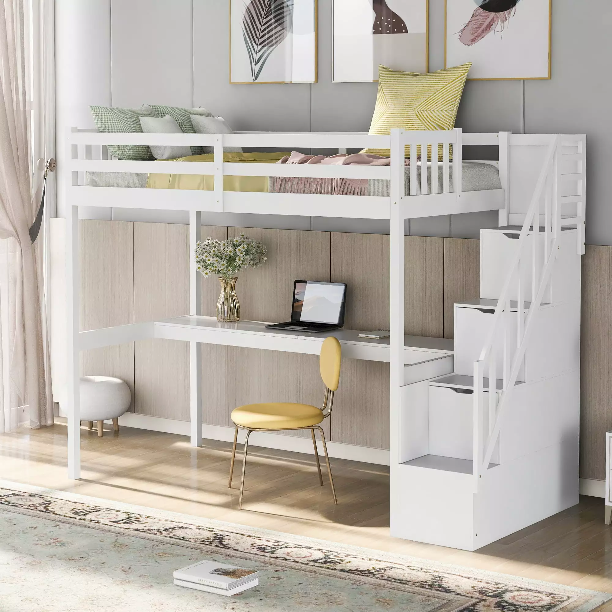 EUROCO Twin Size Loft Bed Storage Staircase and Built- Desk White Space Saving Kids Bed
