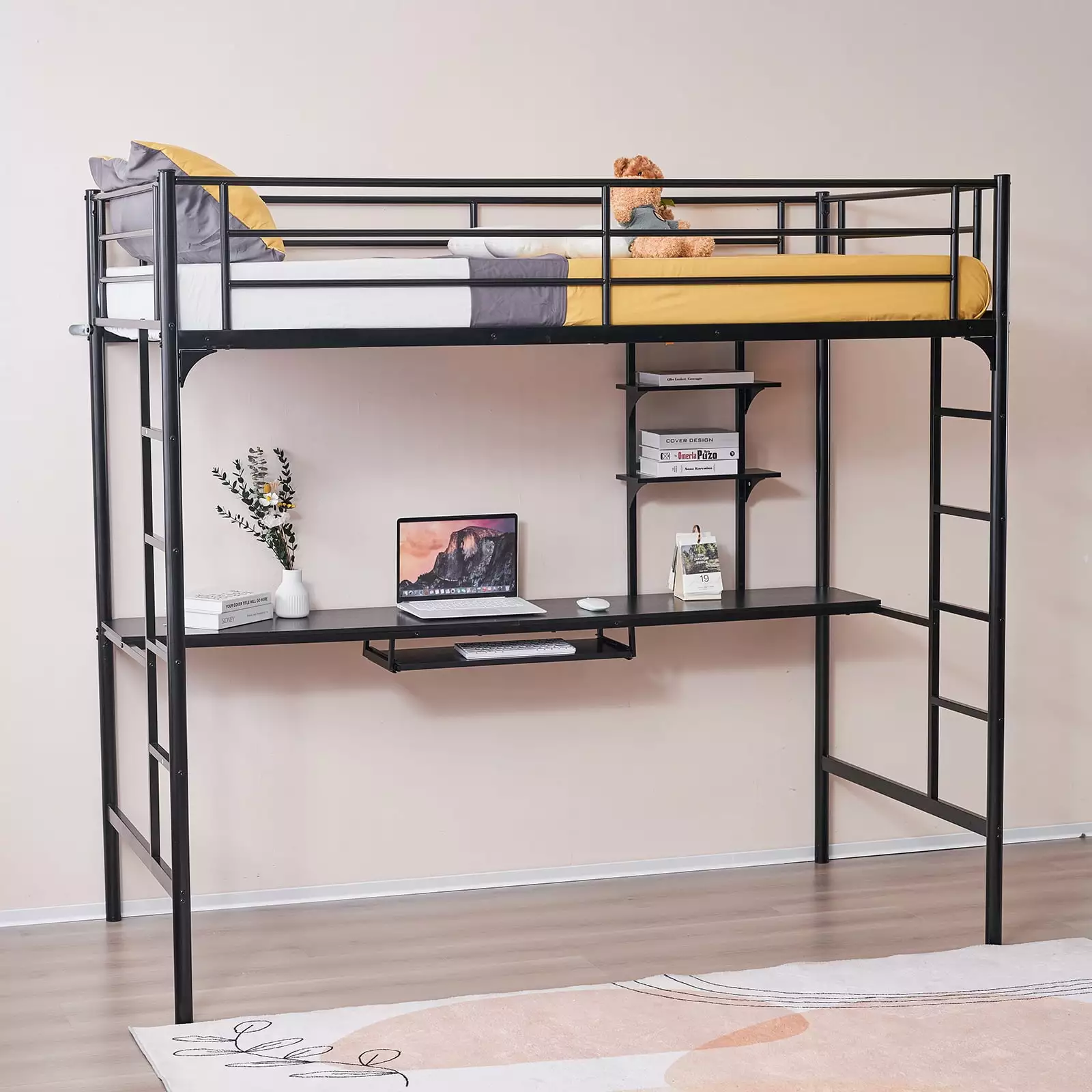 GoDecor Twin Loft Bunk Bed Over Desk and Bookcase Black Metal Frame FCH