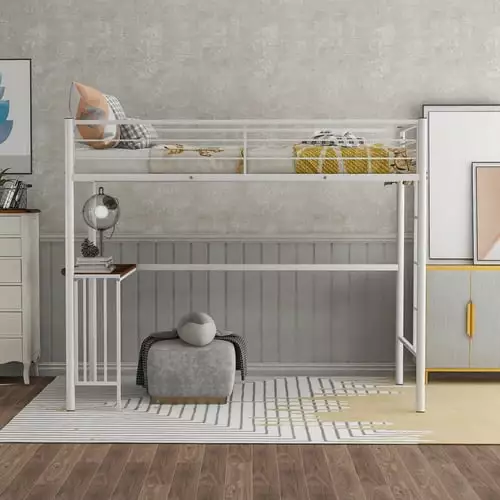 JINS & VICO Metal Loft Bed Desk Twin Loft Bed Frame Ladder and Guardrails White