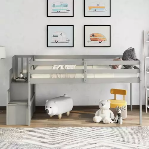 Twin Loft Bed Storage Staircase Twin Bed Frame Full-Length Guardrails Gray JINS & VICO