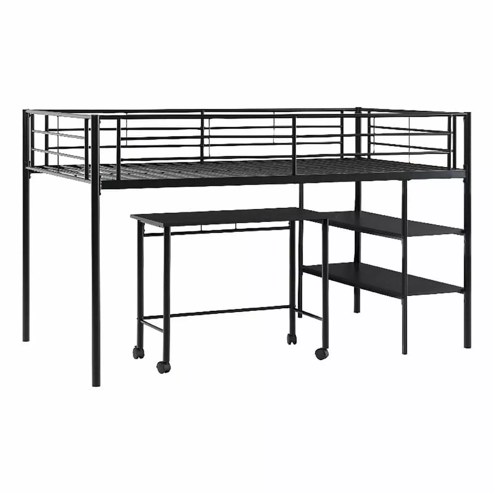Kingfisher Lane Modern Metal Twin Loft Bed Desk and Shelves Black - Space-Saving Kids Bedroom Furniture