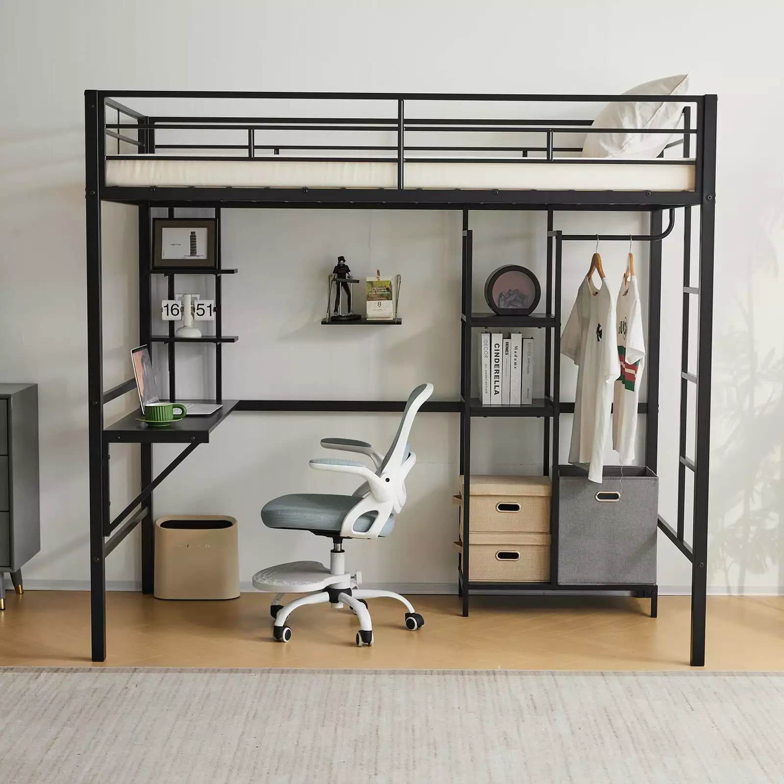 Ktaxon Twin Loft Bed Desk Bunk Bed 5 Shelves and Hanging Rod Black