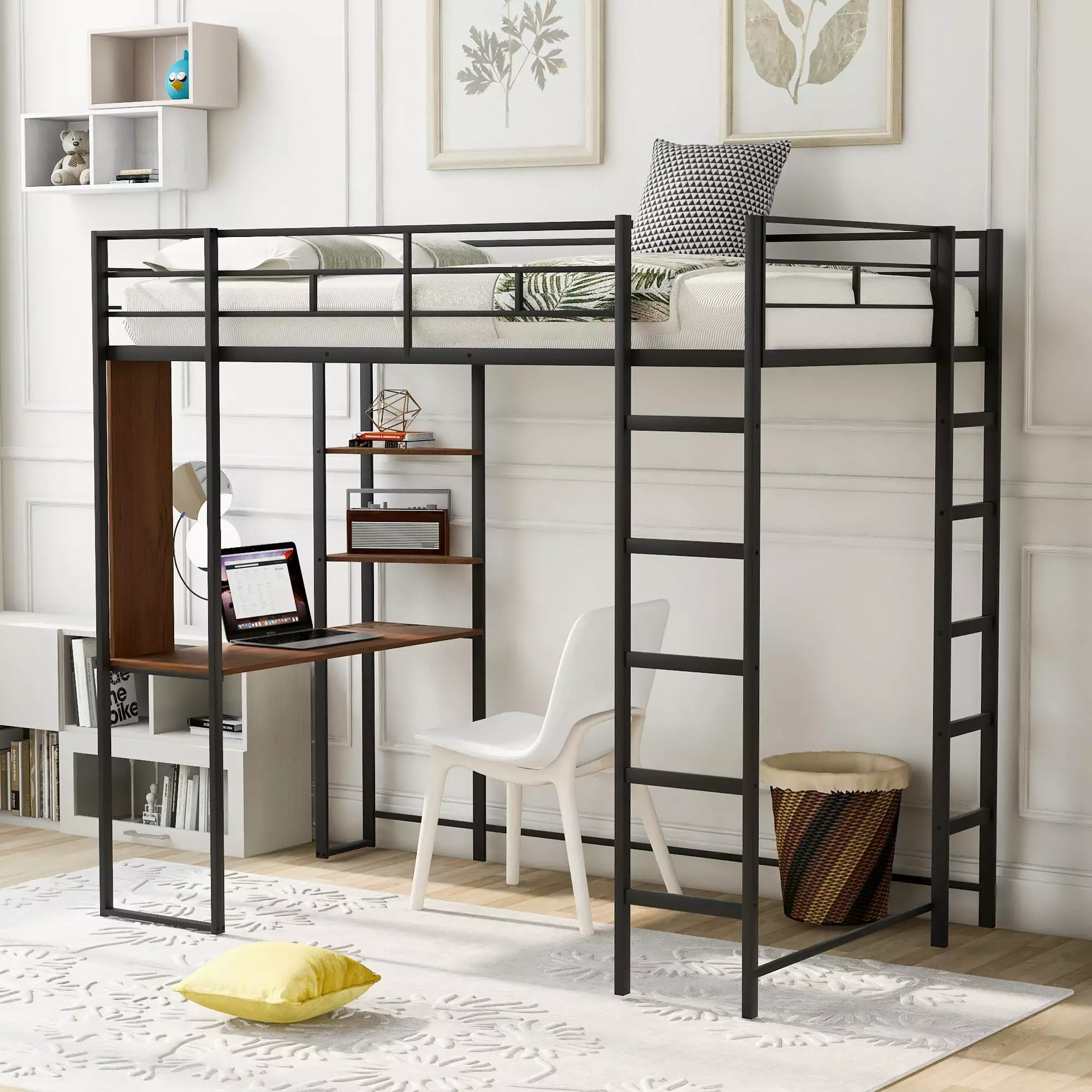 Loft Bed Desk New Upgraded Twin Size Loft Bed Storage Shelves 2 Ladders No Box Spring Needed Metal Loft Bed Kids Teens Bla...