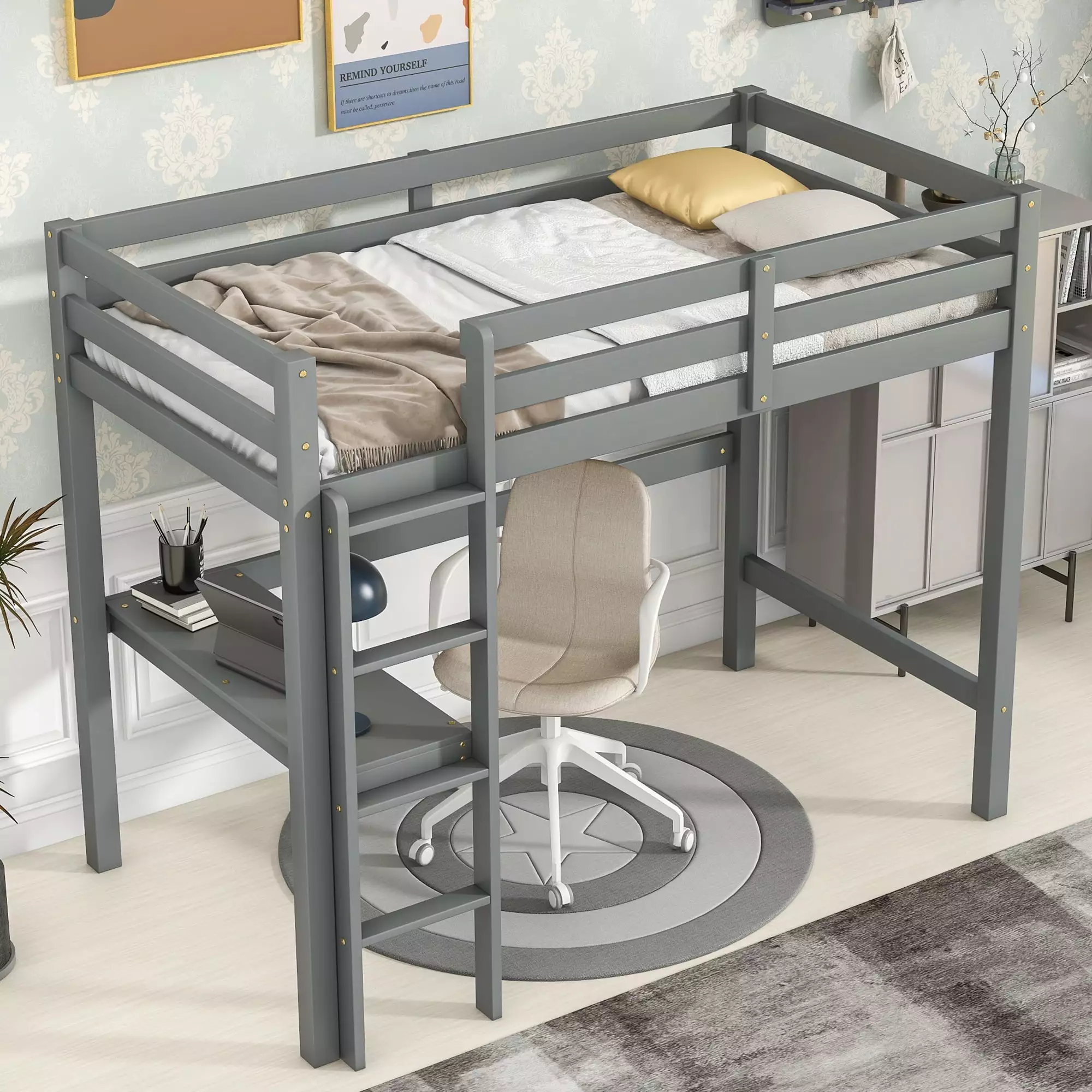 Paproos Twin Loft Bed Desk Upgraded Wood Loft Bed Frame Protectty Guardrail and Ladder Gray
