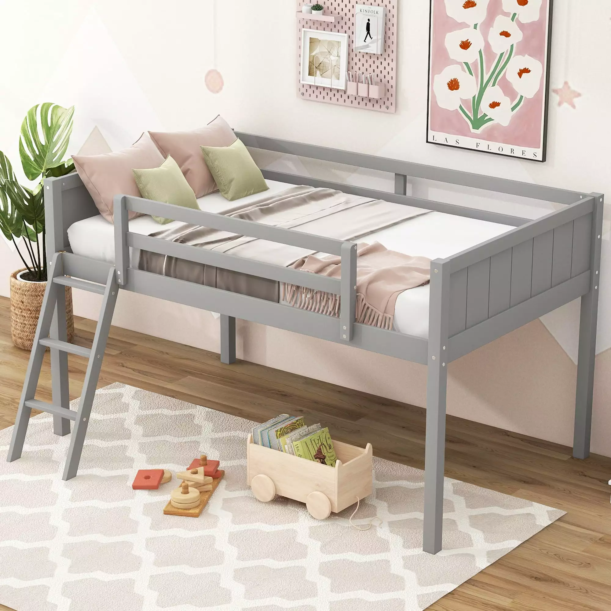 PAPROOS Twin Loft Bed Modern Low Loft Bed Frame Guardrail Ladder Left or Right Placement No Box Spring Needed Gray