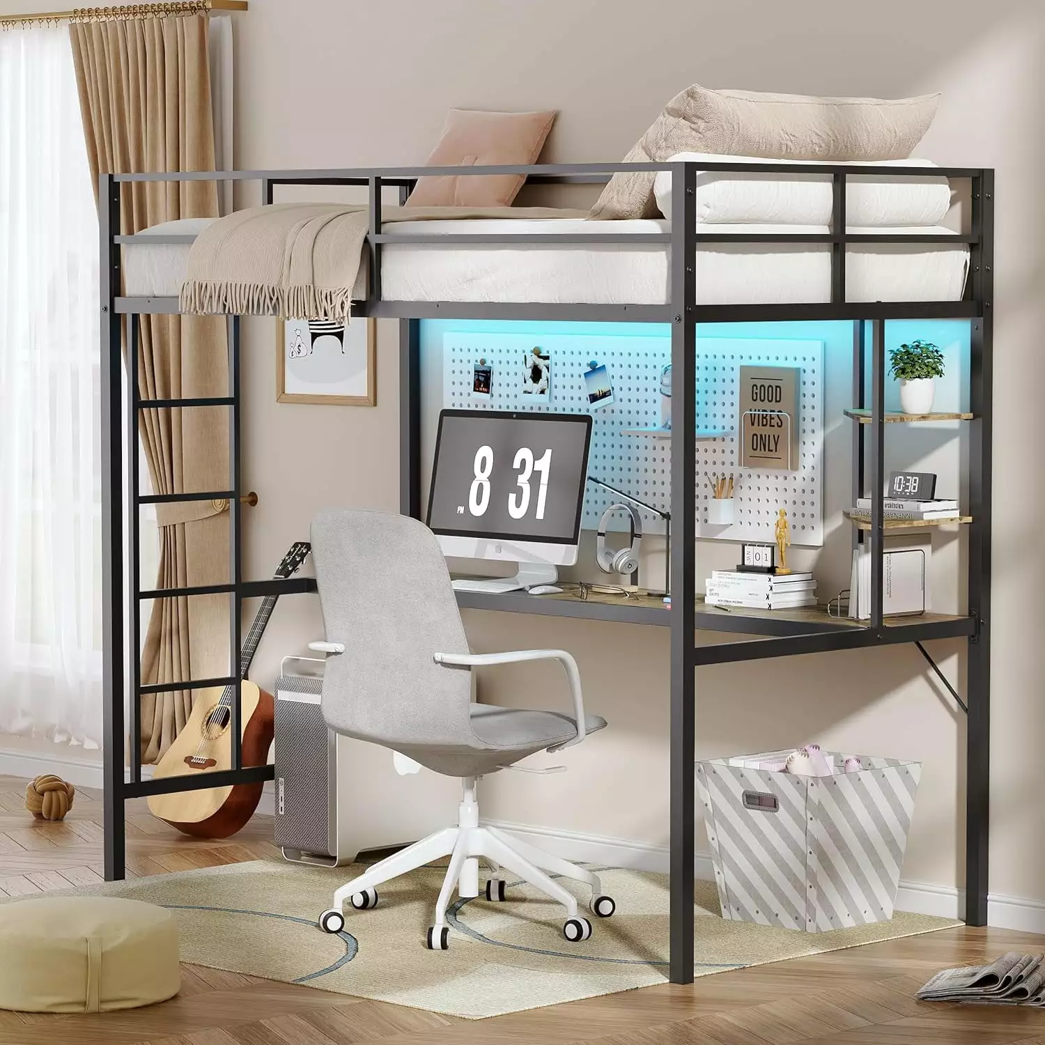Loft Bed Twin Size Desk and Shelves - Metal Loft Bed Frame Stairs, Power Outlet and LED Lighting SDMY