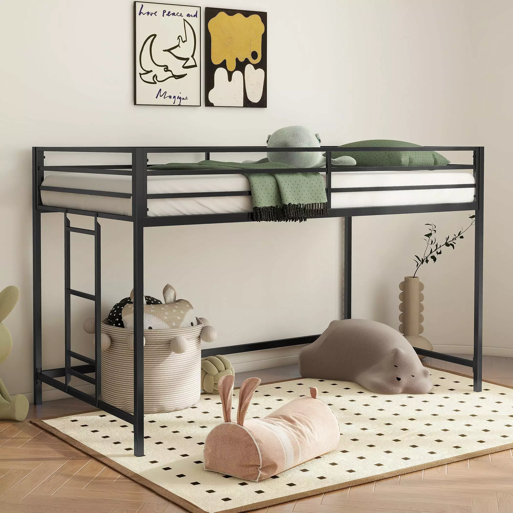 Sesslife Twin Size Low Loft Bed Metal Loft Bed Frame Ladder and Full-Length Guardrails Under Storage Space Black