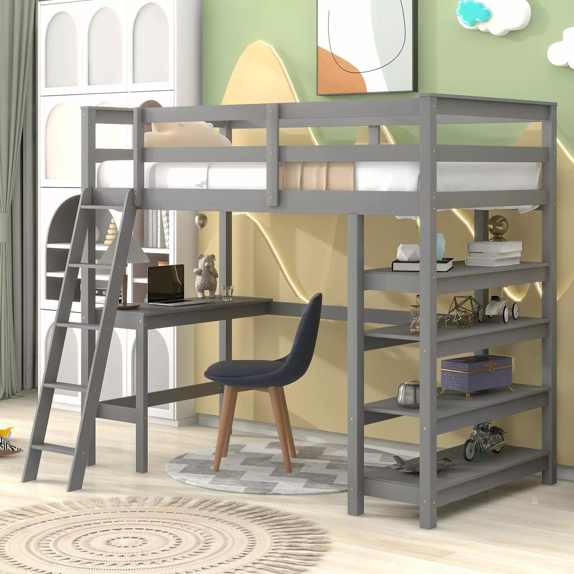 Twin Size Loft Bed Desk Storage Bookcase Shelves Ladder Wooden Frame Protectty Guardrails No Box Spring Needed Gray Triple...