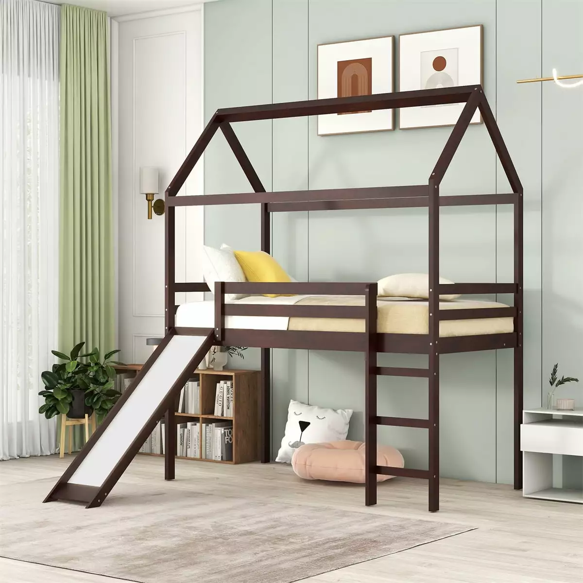 Twin Size Loft Bed Slide Wood Frame Roof Ladder Under-Bed Space Guardrails Kids Teens Adults Espresso Triple Tree