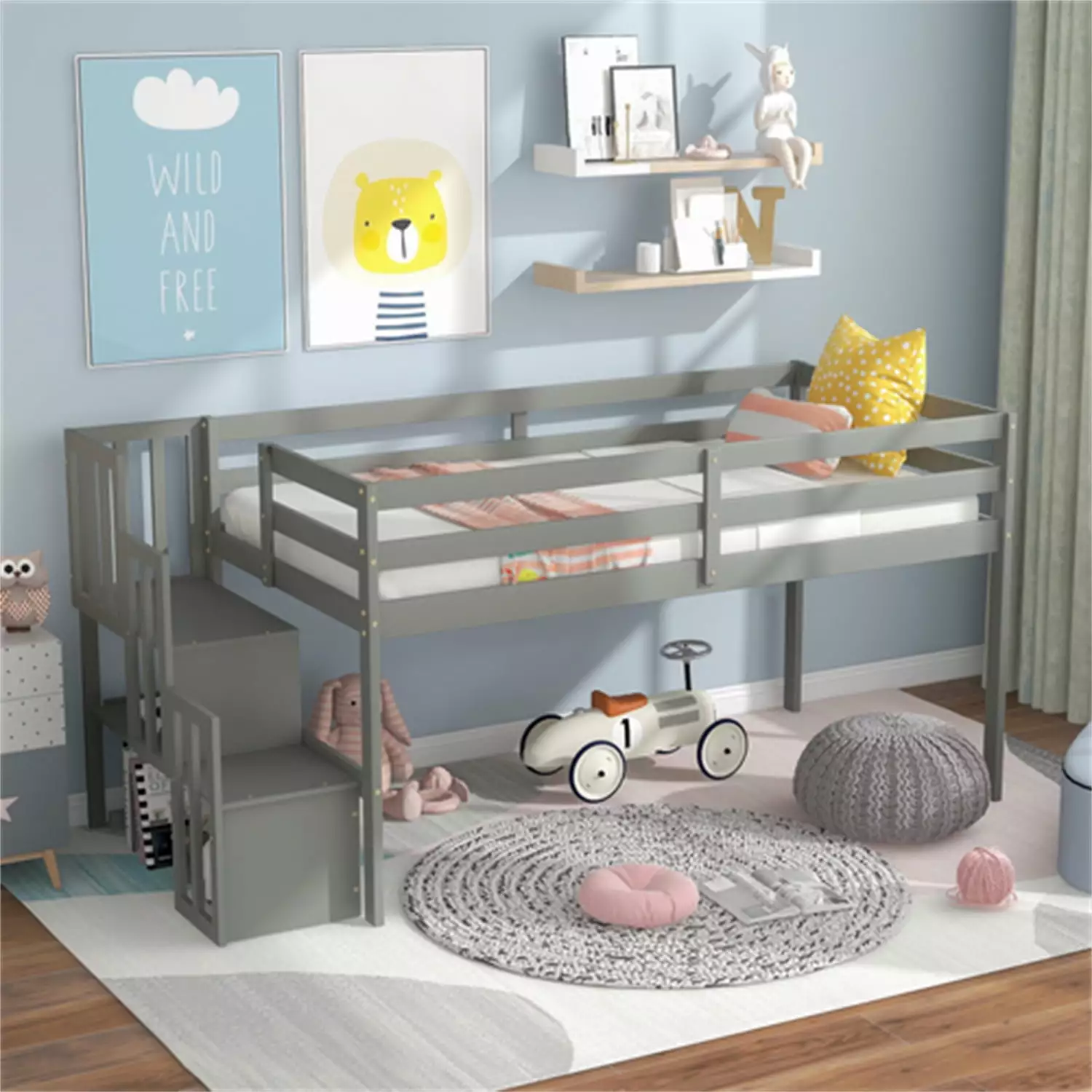 Twin Size Low Loft Bed Storage Staircase Solid Wood Frame Storage Shelves Full-length Guardrails Under-bed Storage No Box ...