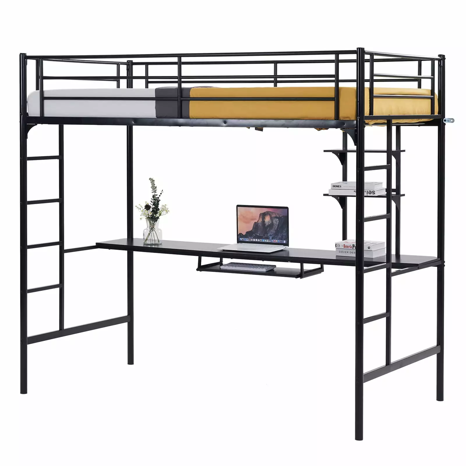 Zimtown Metal Twin Loft Bed Desk Heavy Duty Frame Safety Guard Rails and Ladder