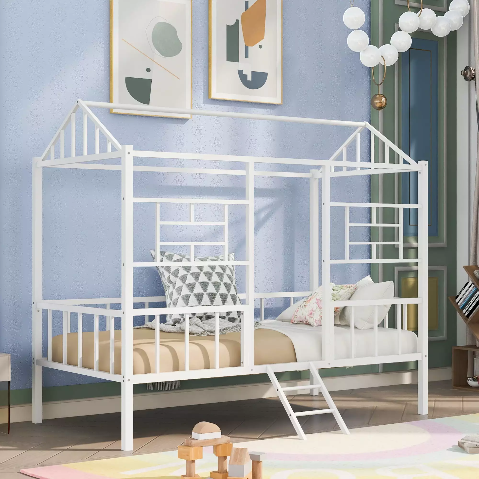 Twin Size Houtilize Bedframe Metal Bed Frame Guardrail and Ladder Kids Teens INCLAKE