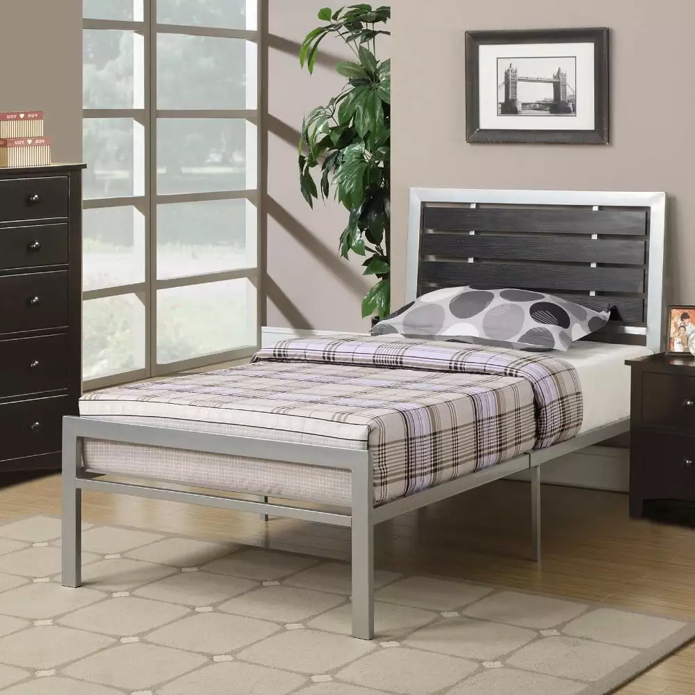 Poundex Silver and Black Twin Size Metal Bed Wood Panel Headboard